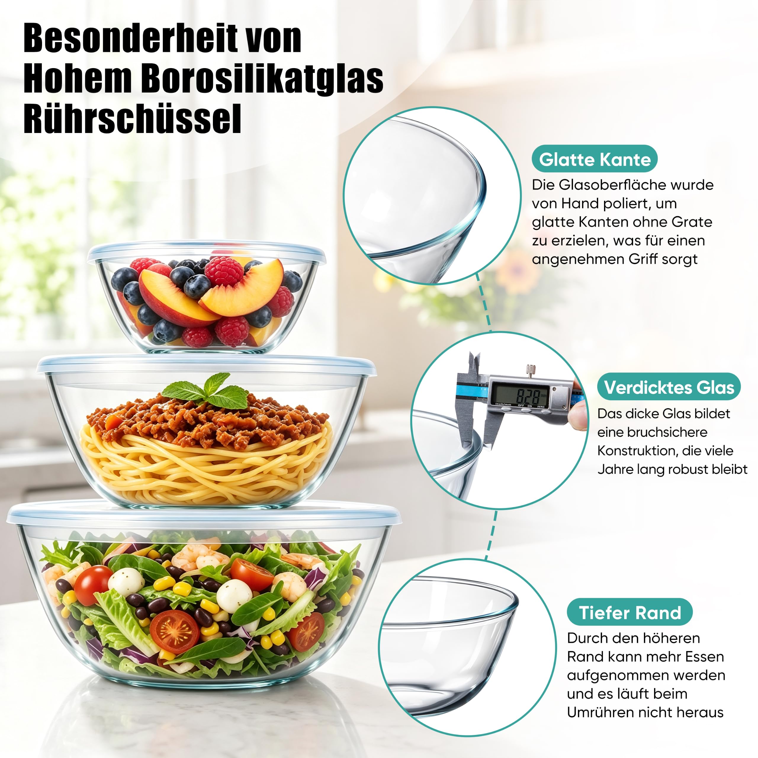 Homikit Salatschüssel 3er Set, Groß Glasschüssel Rührschüssel mit Luftdichtem Deckel, 4,5L/2,7L/1,1L, Borosilikatglas Schüssel für Servieren Kochen Backen, Luftdichtem, Spülmaschinenfest