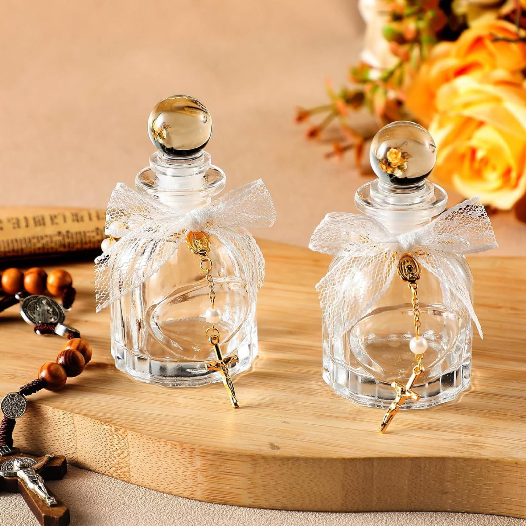 Weihwasserflaschen-Set mit 12 Stück – elegante Glasflaschen mit Kreuzarmband und Spitzenschleife für Taufgeschenke, Kommunion, kirchliche Hochzeit, Weihwasserbehälter
