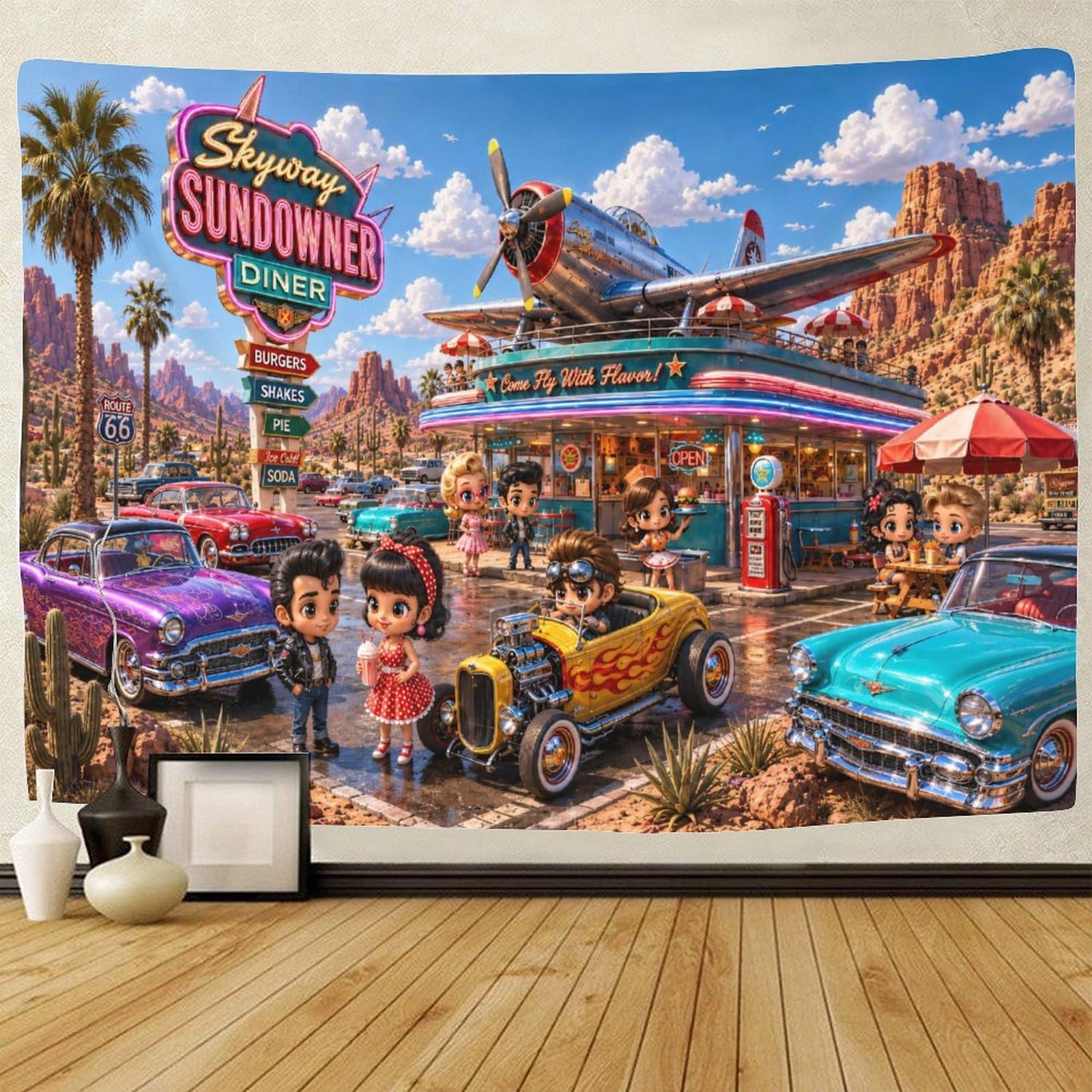 GPMNBCXZK Chibi Route 66 Vintage Aircraft Wall Tapestry 3D Print Wall Art Decor Tapestries Poster Home Decoration Living Room Dorm 100cmx150cm