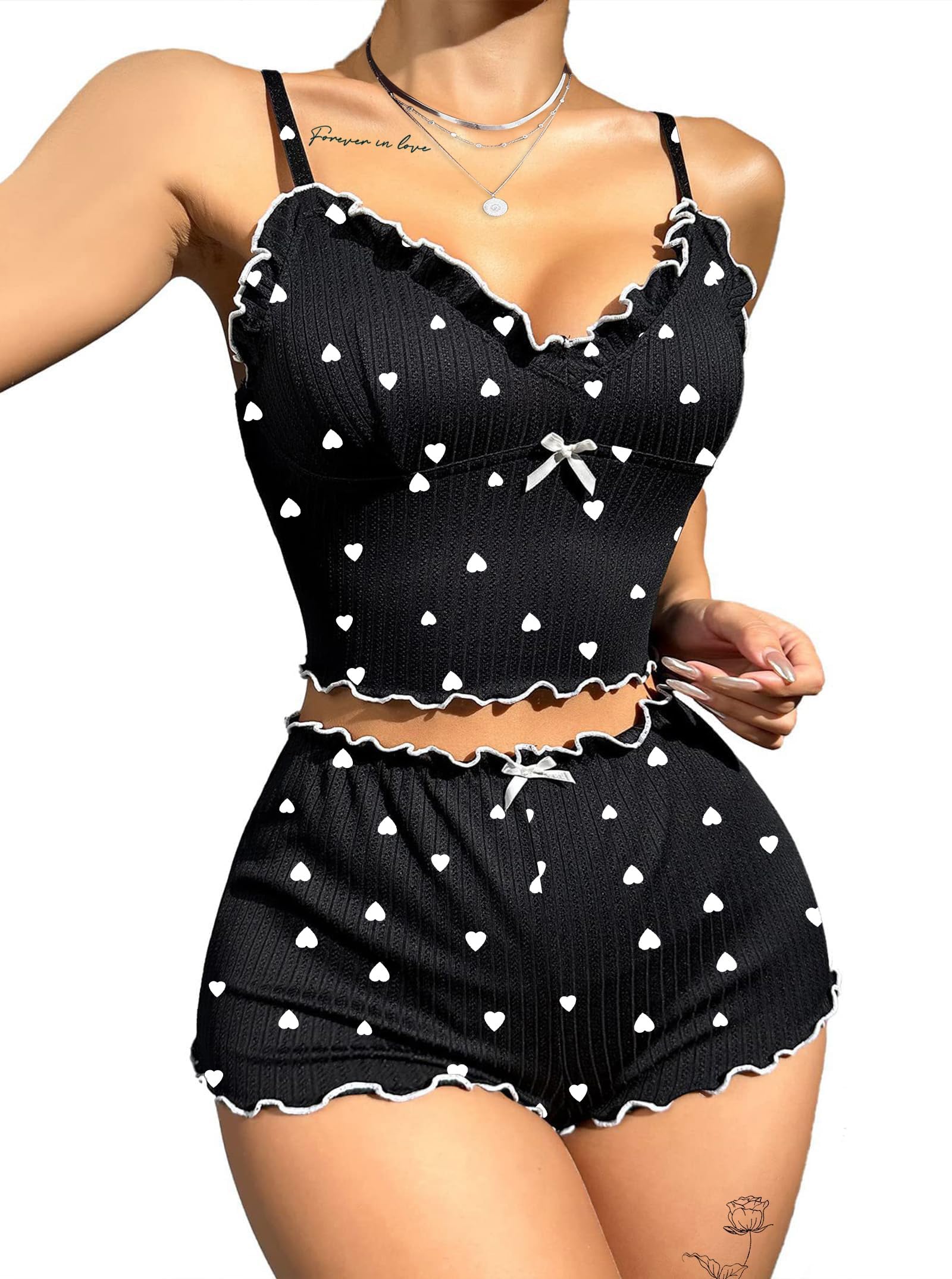 Hilinker Womens Sexy Pajama Set 2 Piece Ribbed Crop Cami and Shorts Sleepwear Cute Pjs