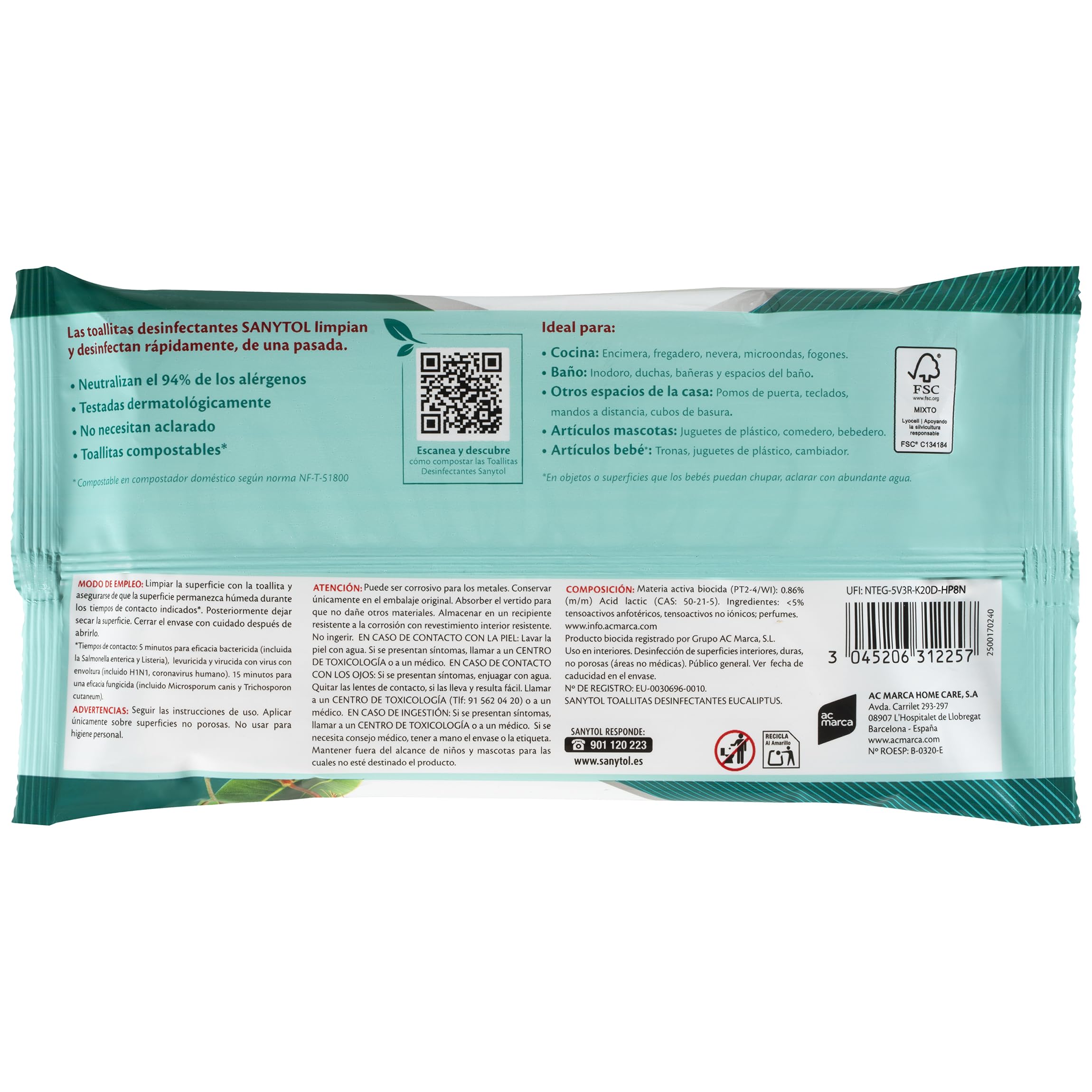 Sanytol - Pack de 10 x 30u Toallitas Desinfectantes Multiusos, Compostables, Sin Aclarado, Higiene Sin Bayeta, Eliminan Bacterias, Hongos y Virus Sin Lejía, Perfume Eucaliptus
