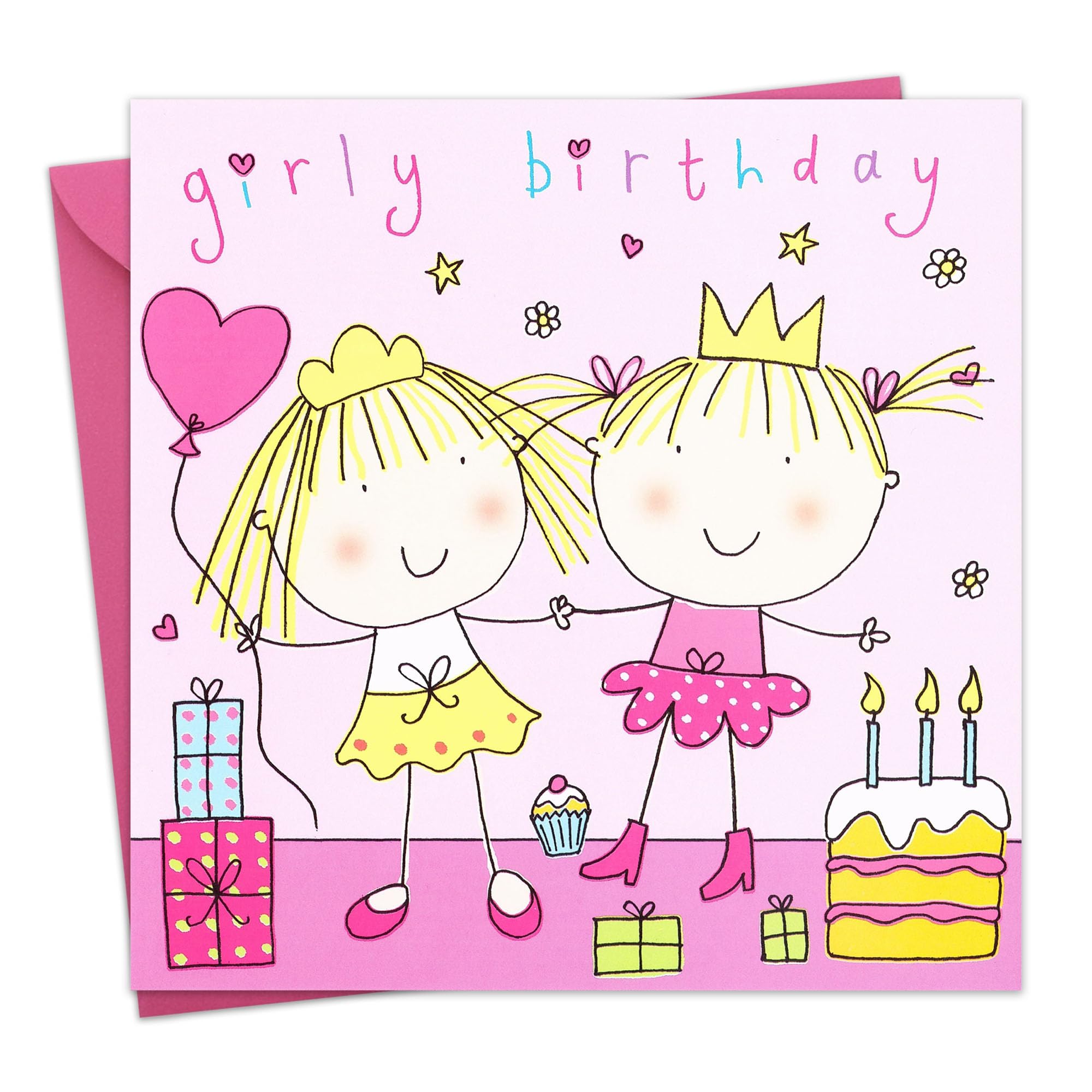 Twizler Happy Birthday Card for Twin Girls - Girly Twins with Cake & Presents - Girls Childrens Birthday Card