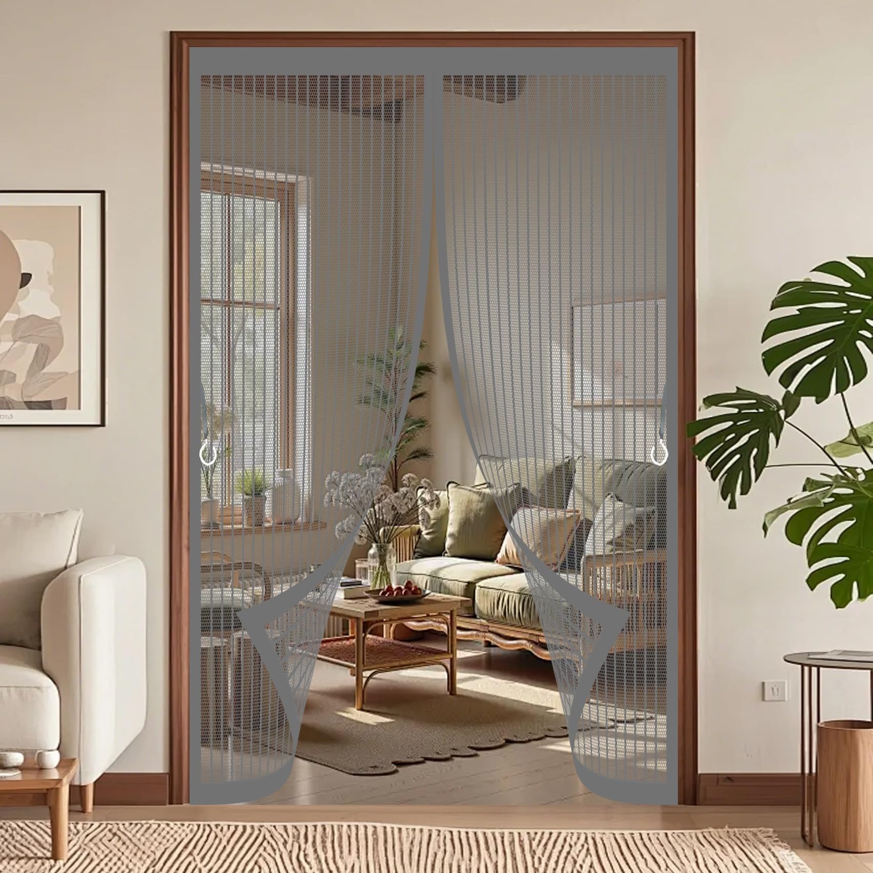 Magnetic Screen Door 96 x 190 cm with Powerful Magnets & Full Frame Magic Tape, Keep Bugs Out & Lets Fresh Air in Magnetic Fly Screen Doors for Patio Doors Bedroom, Grey