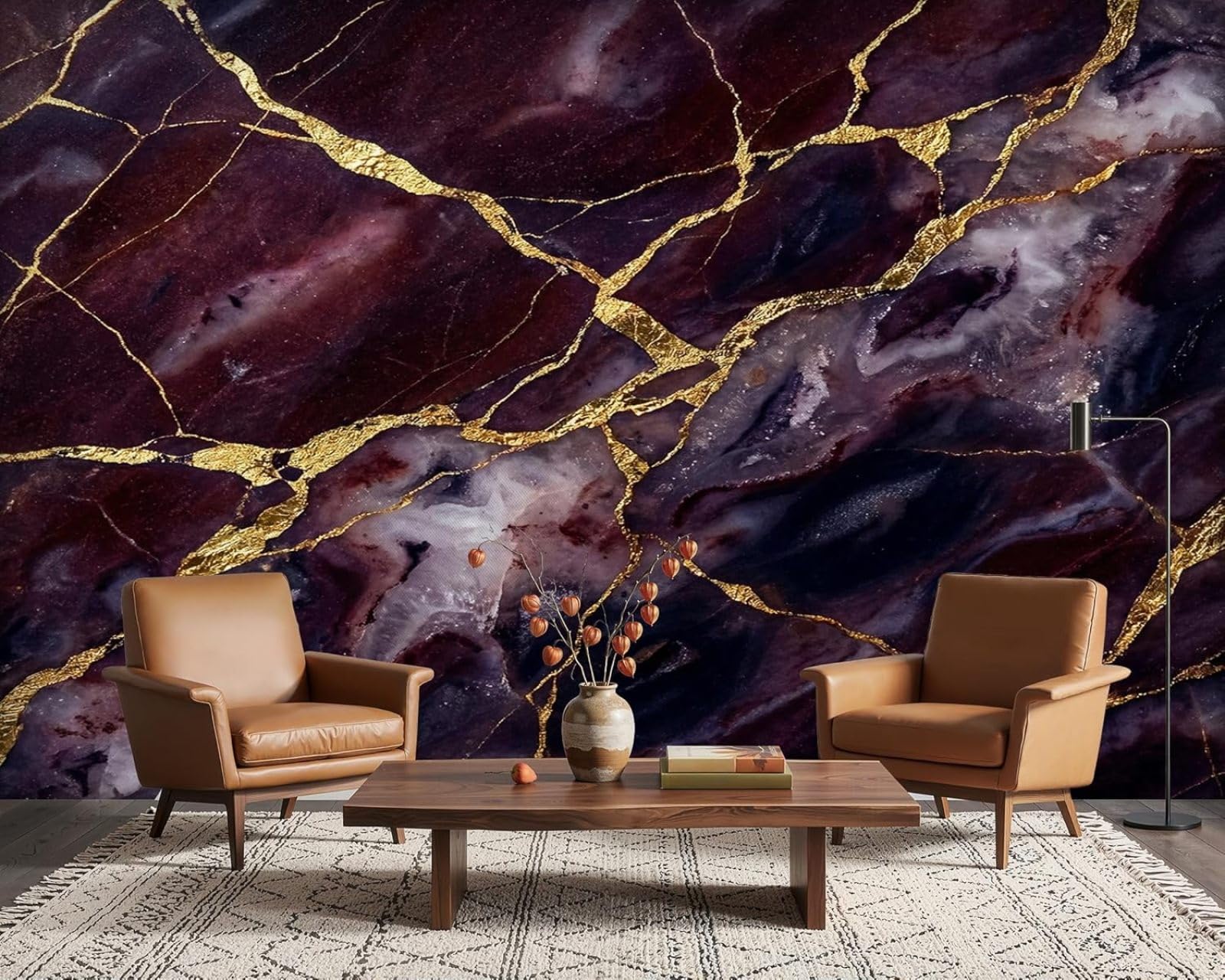 Marble Photo Wallpaper, Purple and Gold, Marble Look, Plum, Non-woven, Modern Wall Mural for Living Room, Bedroom, Children's Room, Wall Decor, Motif Wallpaper, 250cm x 175cm, Stickers - Frameless Pai