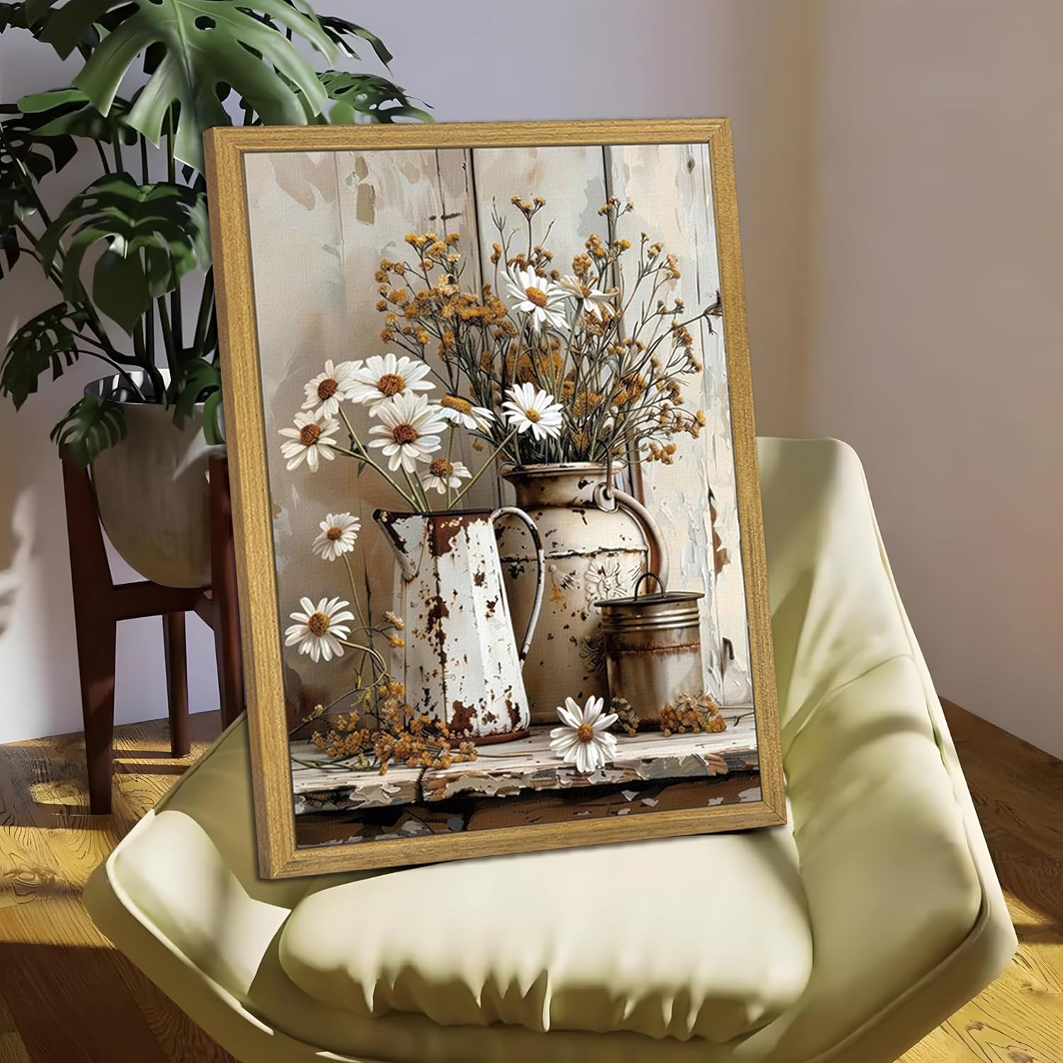 Wood Framed Rustic Floral Wall Art Set of 3, Vintage Daisy Lavender Wildflowers Canvas Prints, Country Farmhouse Flower Poster Picture for Kitchen Living Room Bedroom Bathroom Home Decor 12x16 inch