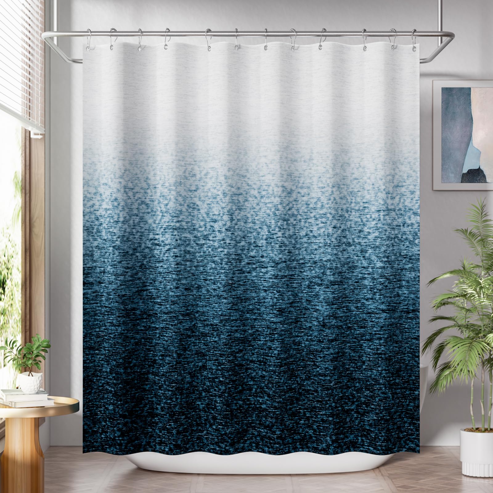 AmazerBath Shower Curtain Blue, Washable Cloth Ombre Shower Curtain Sets with 12 Metal Shower Curtain Hooks, Rustic Waterproof Dark Sea Blue Farmhouse Shower Curtains for Bathroom Decor, 72x72 Inches