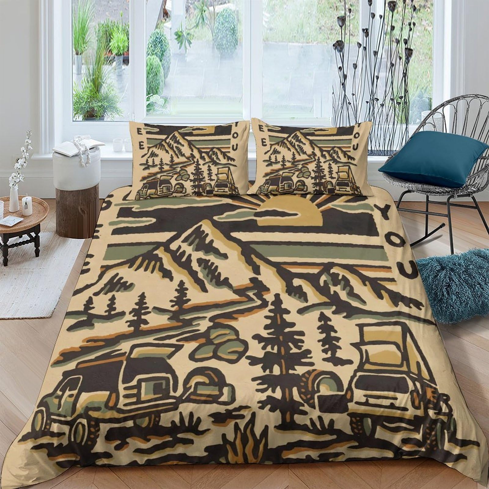 GPLZQXKJNH 3D Printed Mountain Forest Duvet Cover Microfiber Nature Camping Bedding Set with 2 Pillowcases for Bedroom Decor Single（135x200cm）