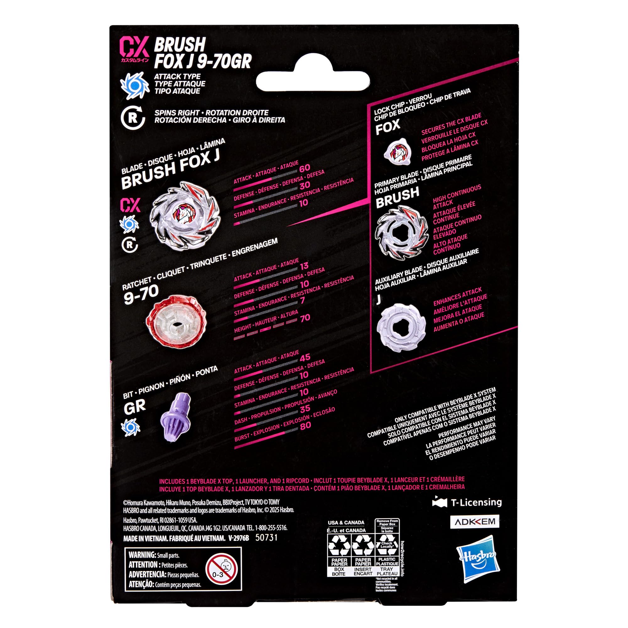 Pakiet startowy Beyblade X Brush Fox J 9-70GR CX, bączek i wyrzutnia