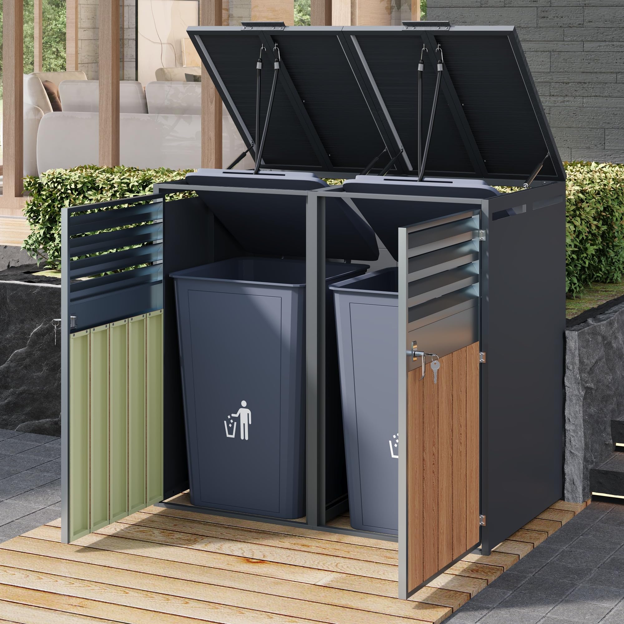 Merax Cache-poubelles 2 avec couvercle à charnière, armoire verrouillable en acier galvanisé, revêtement de poubelles avec ouverture d'aération et lamelles, deux portes
