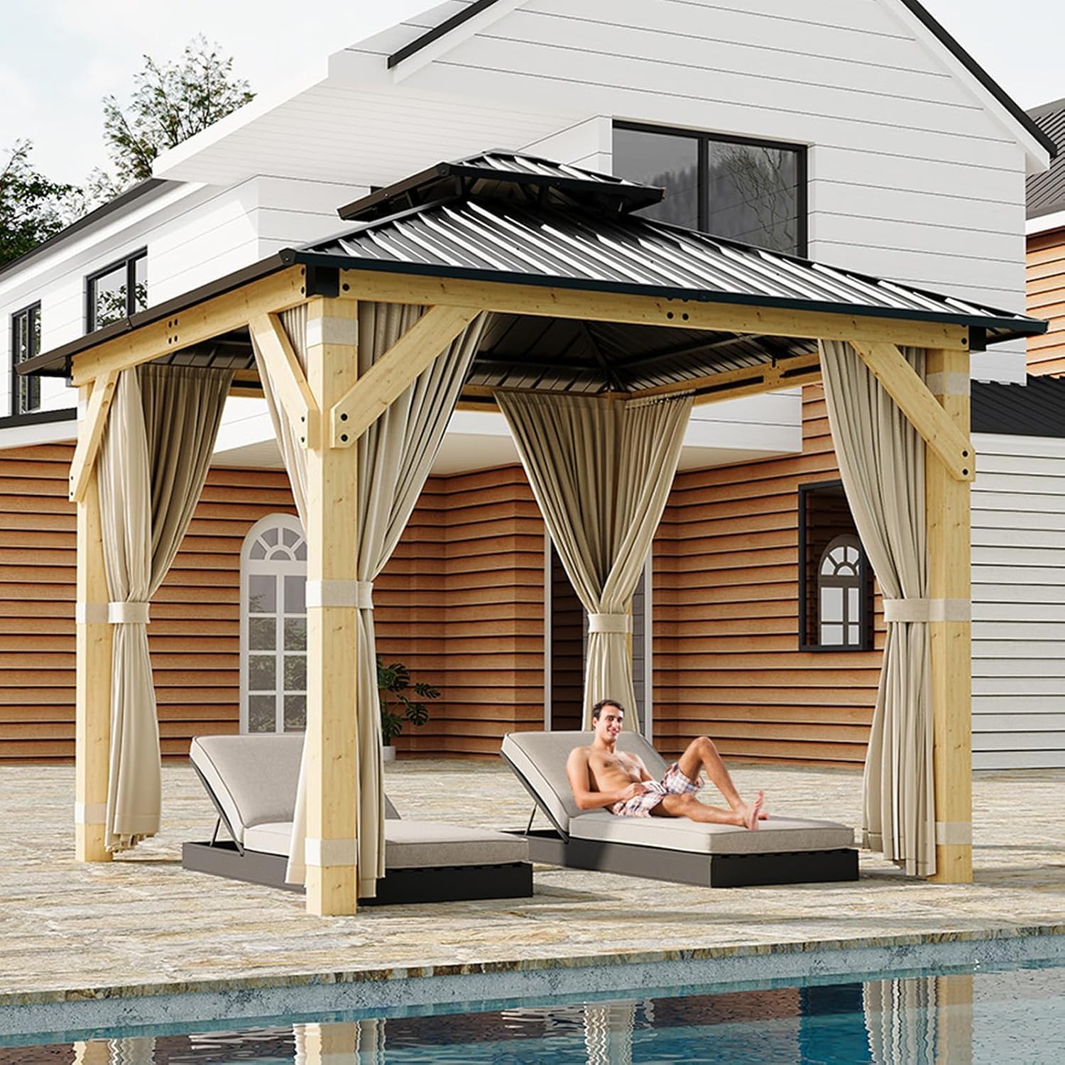 Photo 1 of ****POP UP TEX**** Garvee 10x10 FT Wood Gazebo, Upgrade Spruce Frame and Double Galvanized Steel Roof, Hardtop Gazebo with Nettings and Curtains for Backyard, Patio, Garden and Lawn