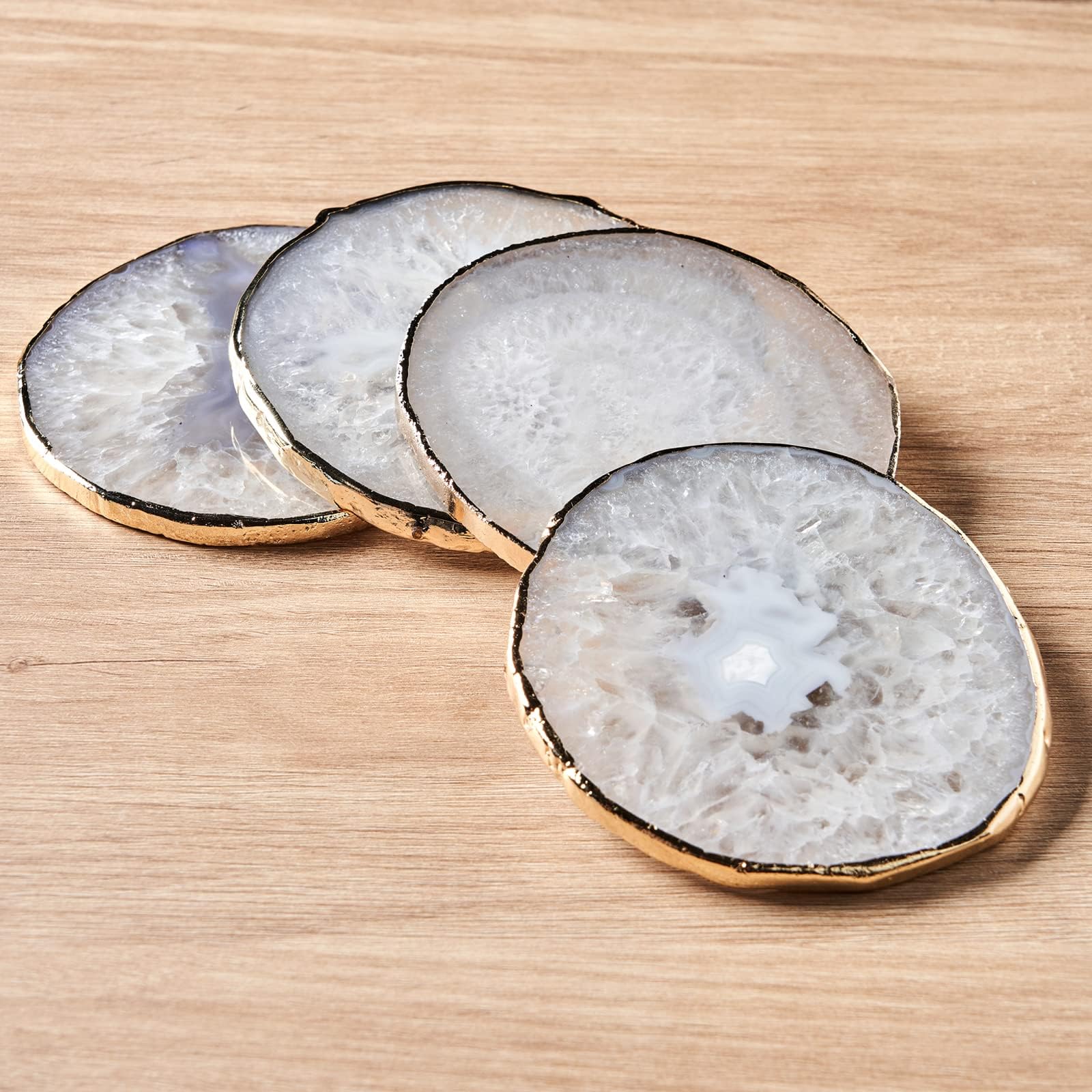 White Agate Coasters for Drinks, Crystal Coasters with Gold Edge 3.5-4", Geode Coaster Set of 4, Gemstone Natural Stone Coasters for Coffee Table, White Agate Slices Cup Mat for Home Decor