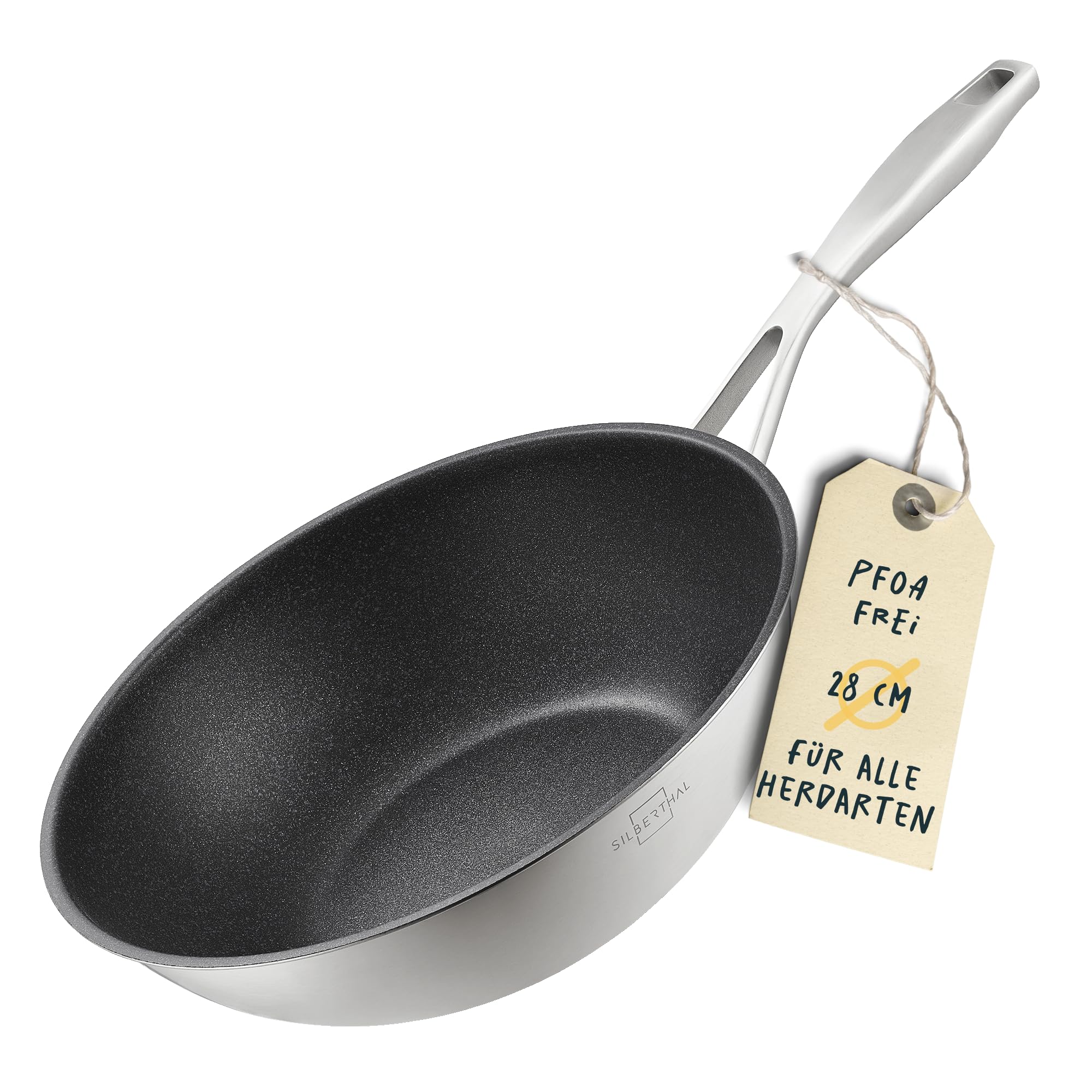 SILBERTHAL Wok pan induction 28 cm - Stainless steel wok with non-stick coating - For all heat sources - Oven safe - Incl. pan protection