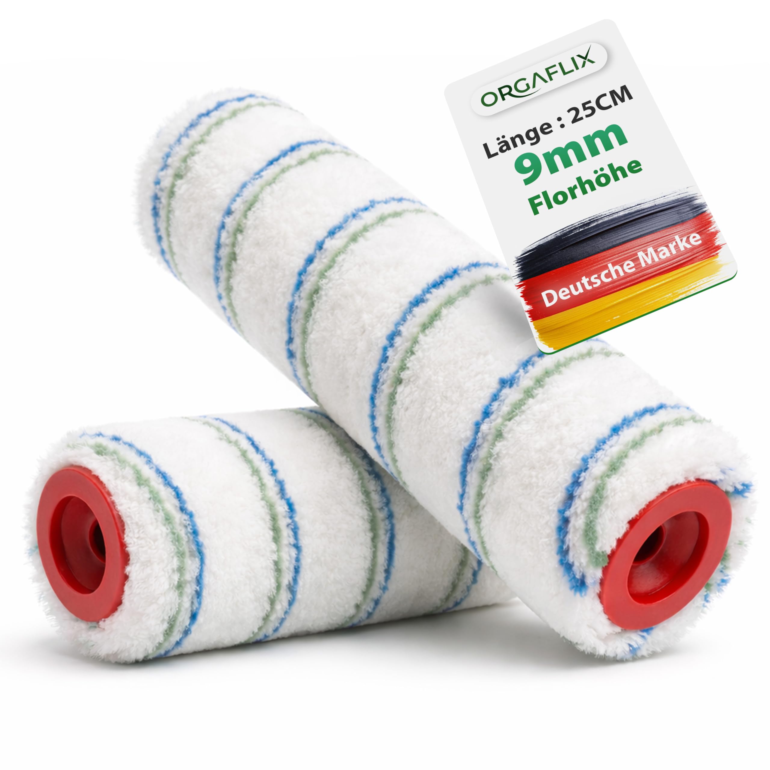 ORGAFLIX Rodillo de pintura profesional de 25 cm, 2 unidades, ideal para absorción y dispensación de color, altura de pelo aprox. 9 mm, núcleo de 48 mm, rodillo de pintura para pared, rodillo grande,