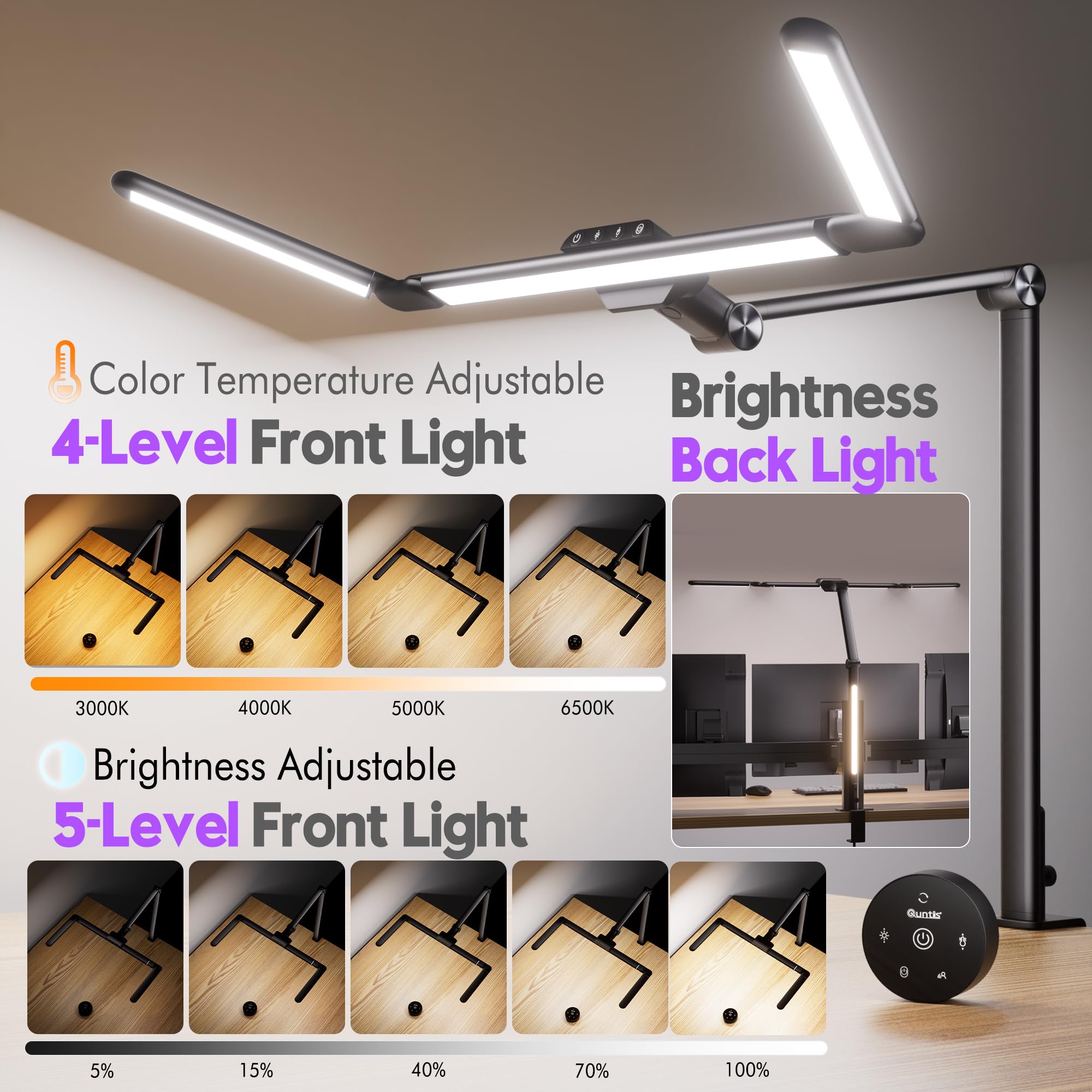 Quntis 82.5cm Lampada da Scrivania LED a Tripla Sorgente Luminosa con Retroilluminazione & Sensore Radar, 24W Lampada da Tavolo con Controllo a Sfioramento & Telecomando, Dimmerabile, Per Ufficio-Nero