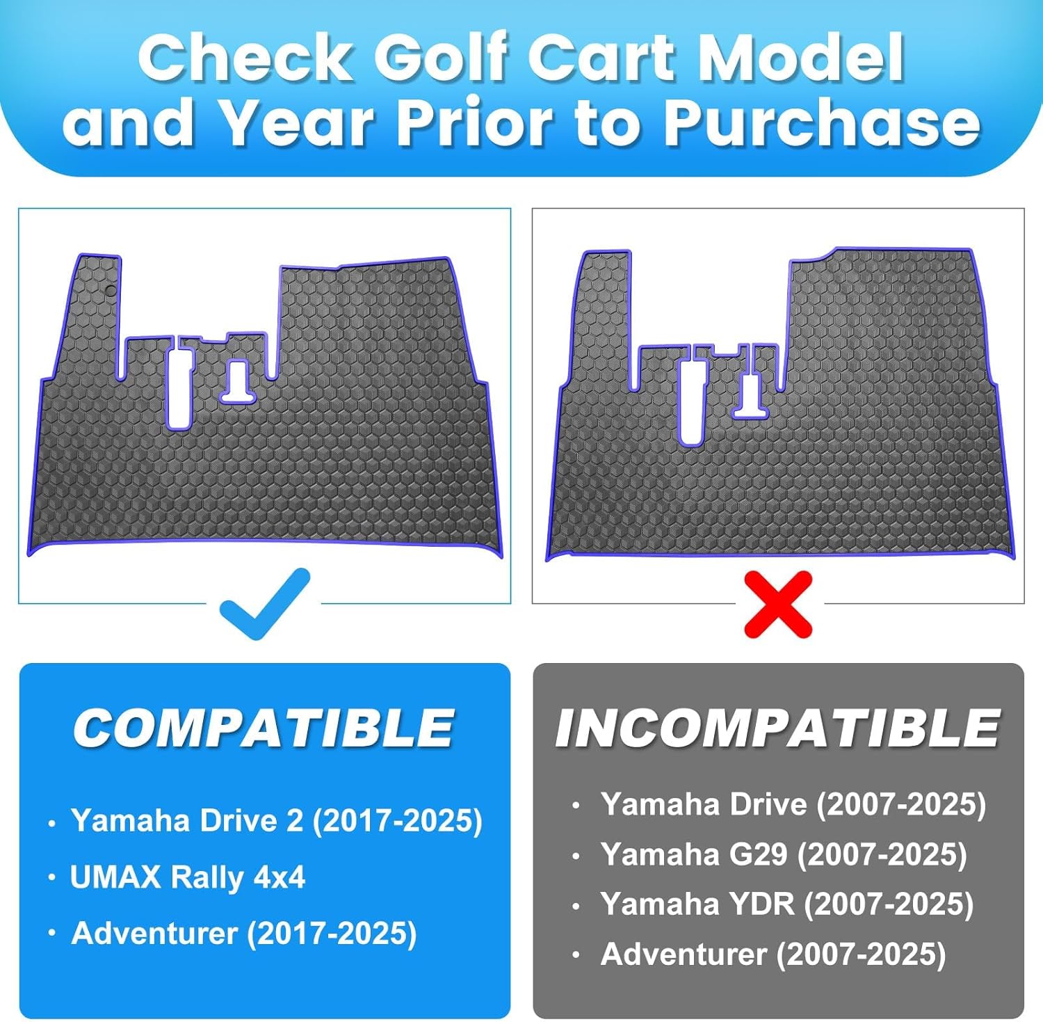 Golf Cart Floor Mat for Yamaha Floor Mat, 3/10" Thickness Rubber Full Coverage, Fit for Yamaha Drive2, QuieTech, Adventurer, UMAX Rally 4x4 Blue