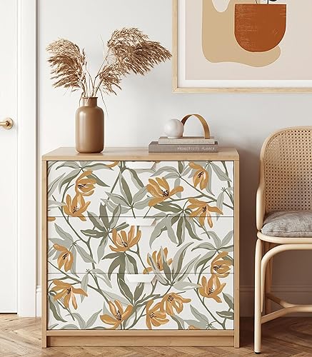 Miniatura 4 de Micpolo Papel tapiz floral para despegar y pegar, papel de contacto floral naranja para gabinetes, papel tapiz extraíble de hojas para dormitorio,