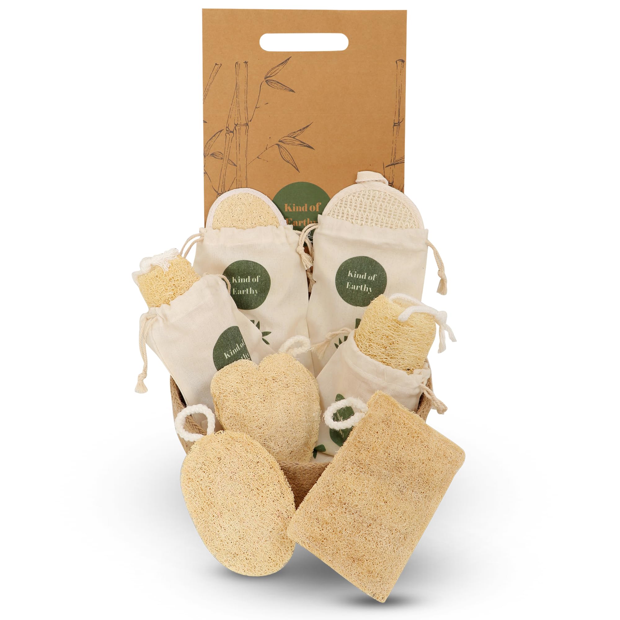 kind of earthy natural loofah gift pack, eco spa kit, 11 piece body scrubber set with plant-based and ramie loofahs, gourd sponges, body scrubber set for men and women