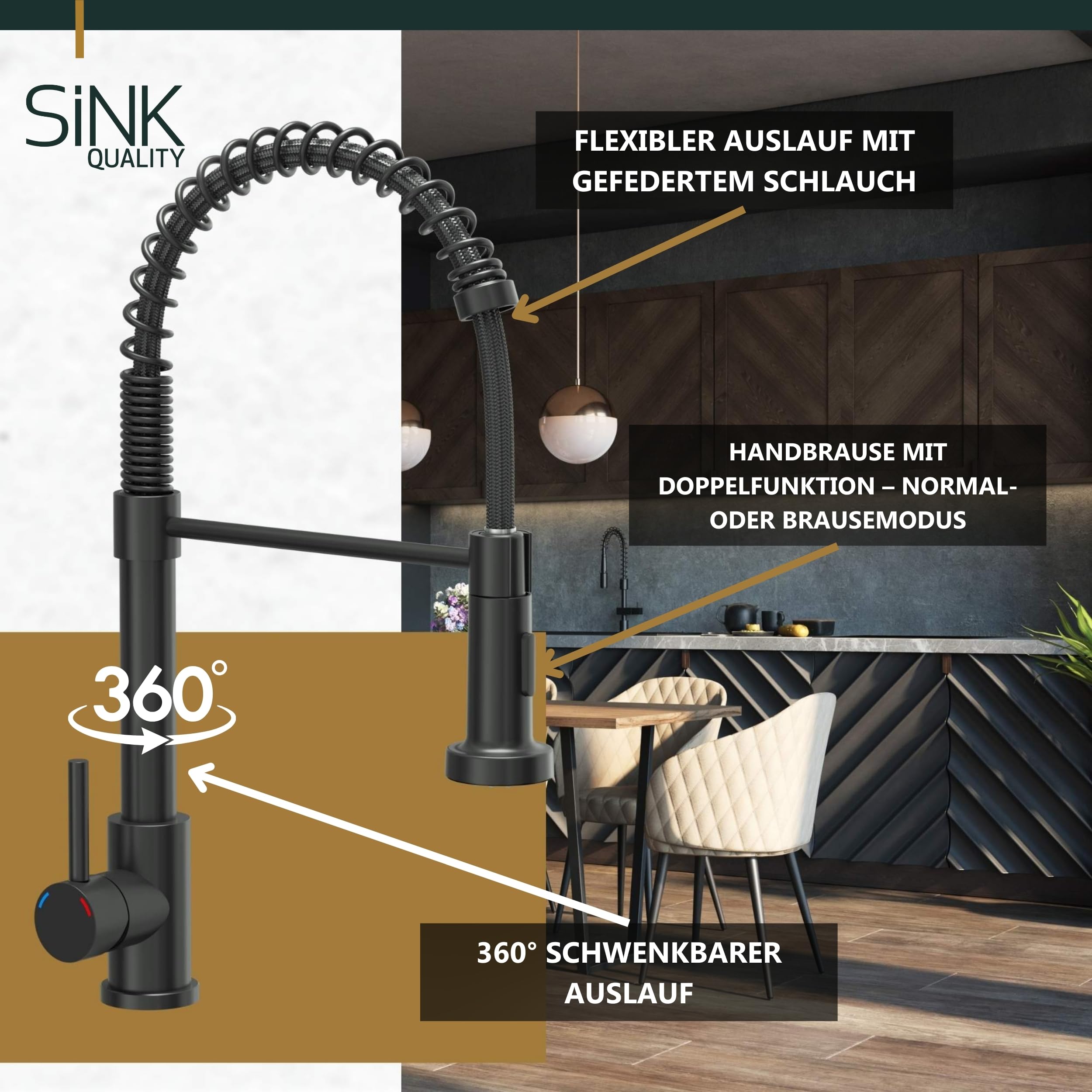 SINK QUALITY Évier de cuisine, en granit, noir, avec robinet, siphon et agent d'imprégnation, 100 x 50 cm, évier de cuisine à partir de 60 cm