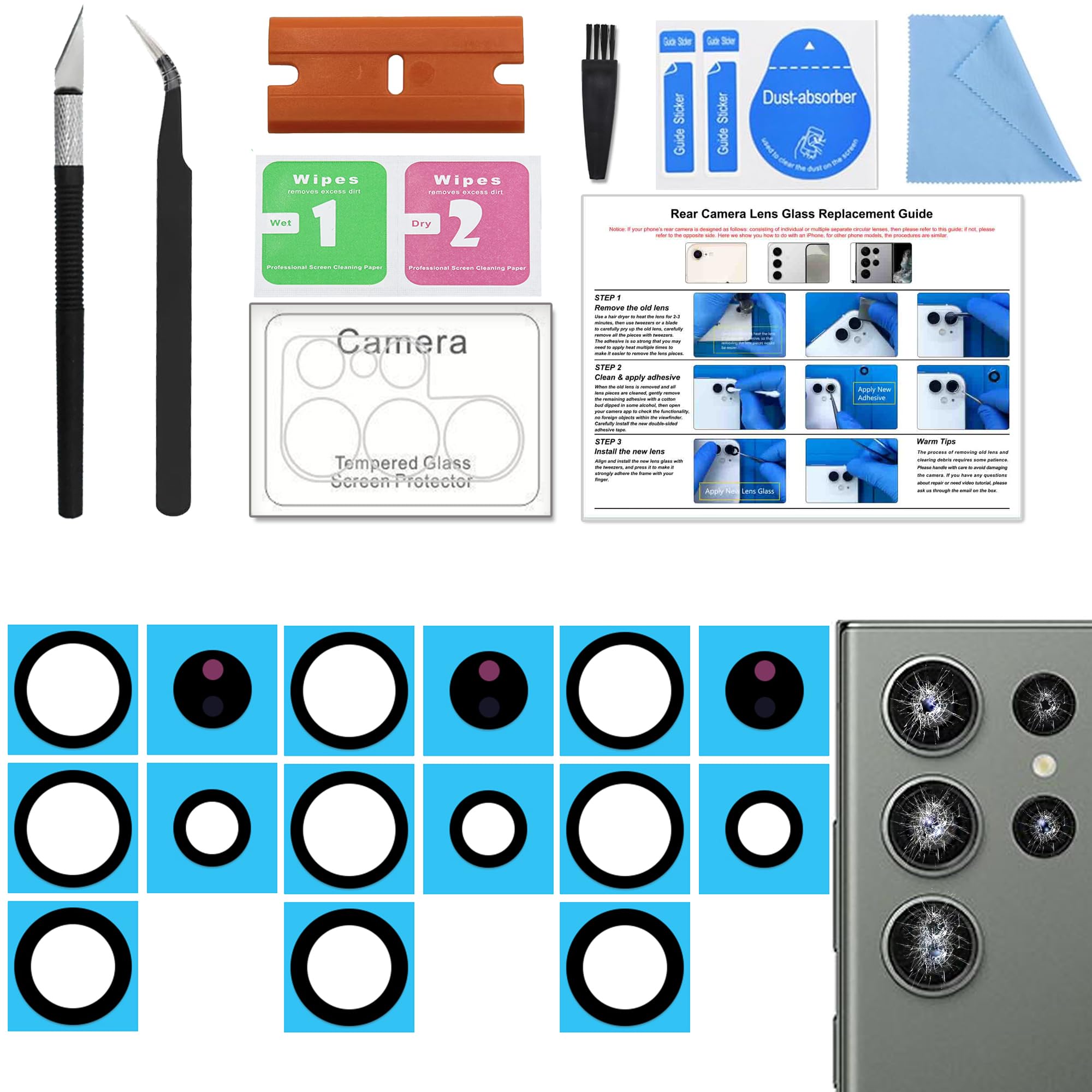 BATLABB 3 Pack Galaxy S23 Ultra Back Rear Camera Lens Glass Replacement, Back Camera Lens with Tempered-Glass Lens Protector for Samsung S23 Ultra,