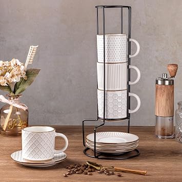 GBhome 8 OZ Stackable Coffee Mugs Set of 4, Ceramic Coffee Cups Set