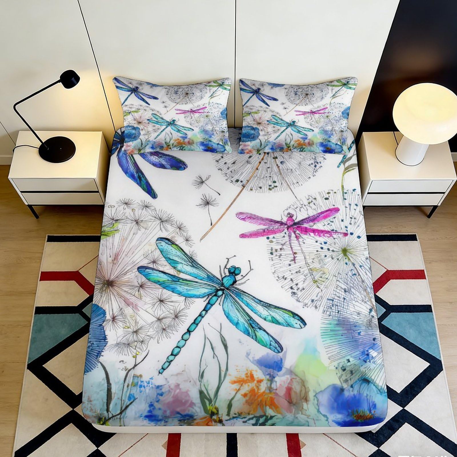 3D Printed Dragonfly Floral Fitted Sheet Microfiber Soft Watercolor Butterfly Bed Cover for Bedroom Guest Room Decor 90x200x25cm