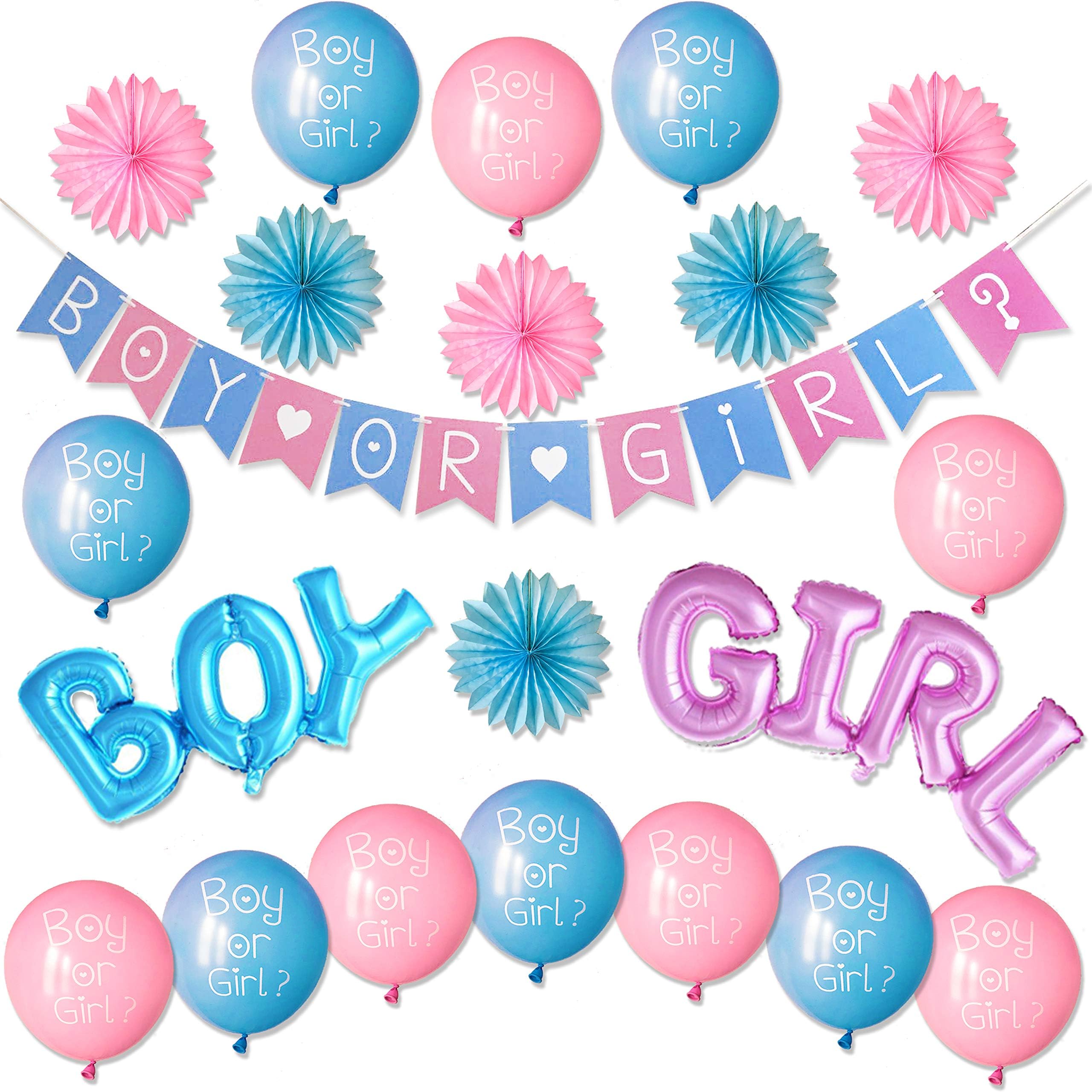 Gender Reveal Party Supplies Kit - Boy or Girl Baby Shower Decorations-Pregnancy Announcement-Boy or Girl Banner and Balloons, Boy and Girl Foil Balloon, Blue and Pink Paper Fans