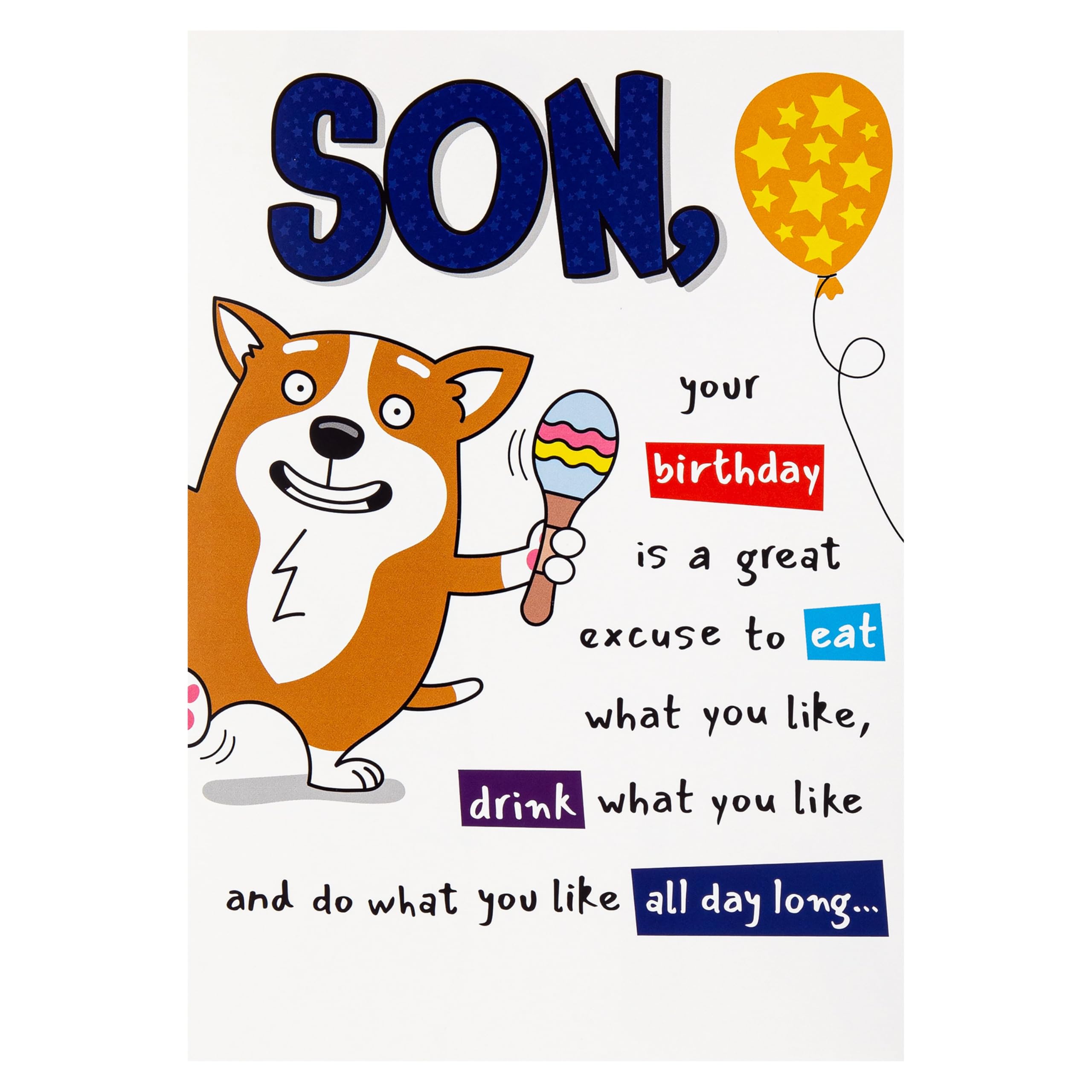 Hallmark Birthday Card for Son, Funny, Humour, Pop Up Design, Dog Illustration, White, Brown, Blue