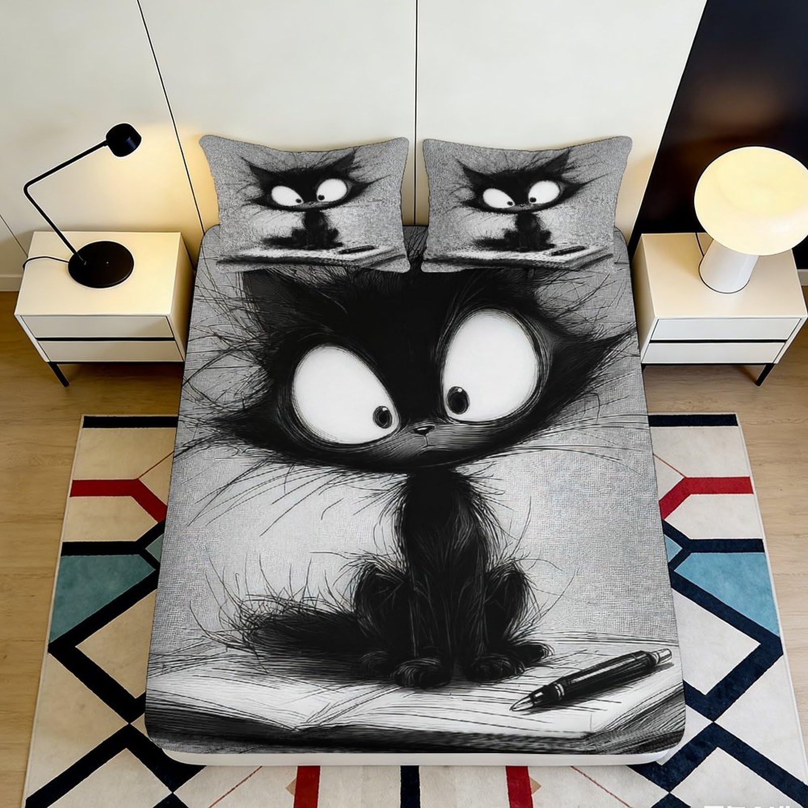3D Printed Black Cartoon Cat Fitted Sheet Microfiber Soft Washable Art Sketch Bed Cover for Bedroom Dorm 180x200x25cm