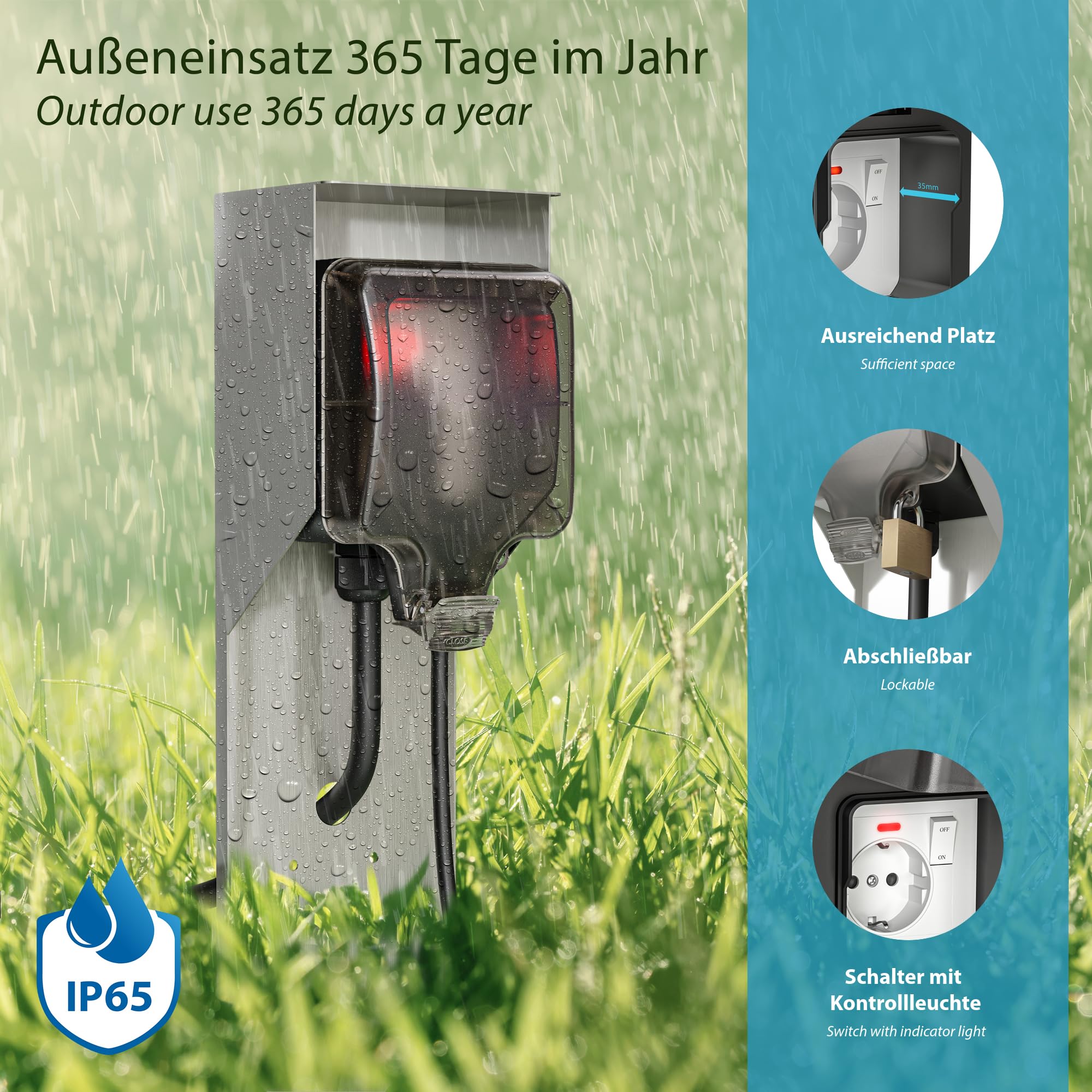 ledscom.de Gniazdo słupkowe POXO z kolcem uziemiającym i kablem 2m do zastosowań zewnętrznych, IP65, pojedyncze, stal nierdzewna/czarne, kątowe, 40cm