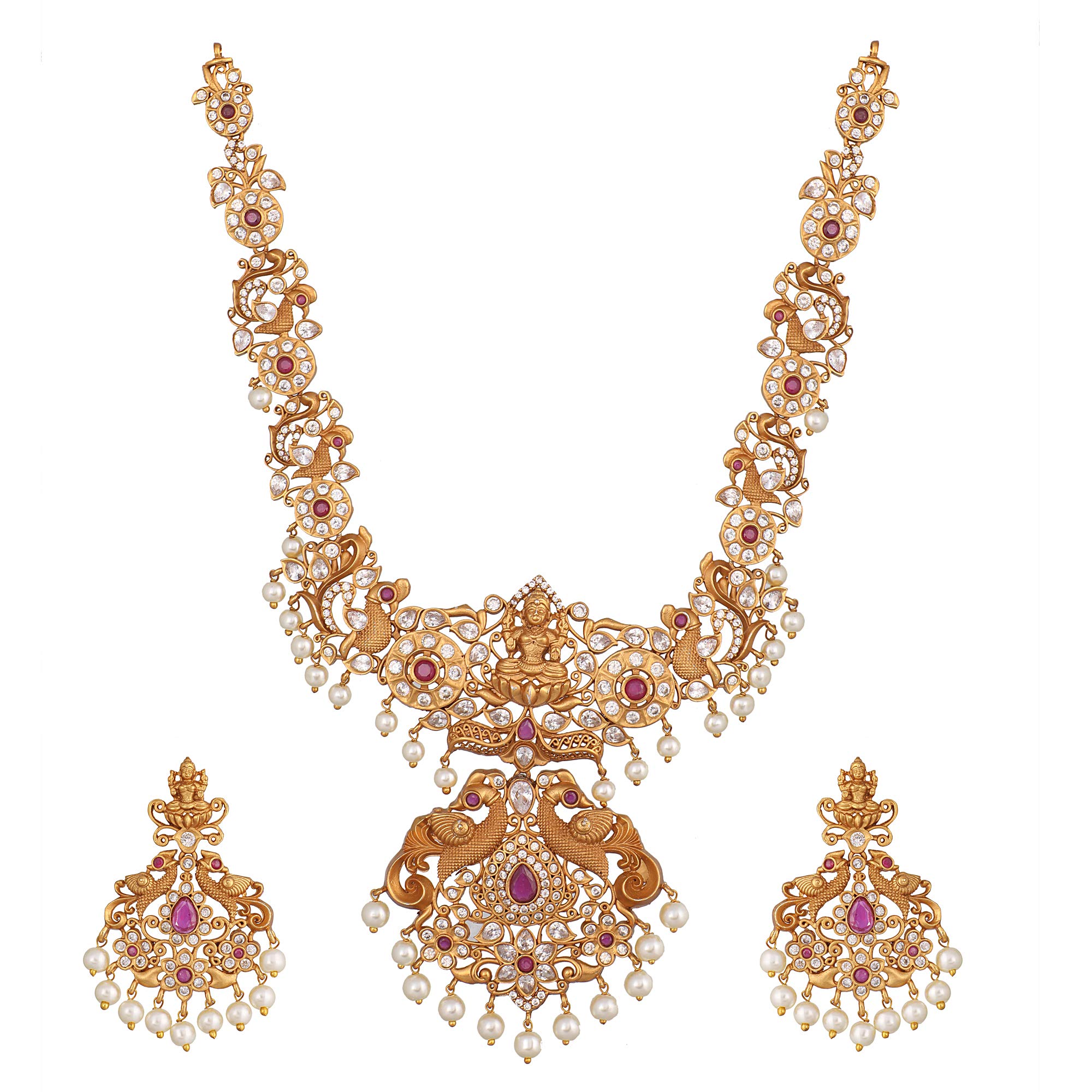 TARINIKAAntique Gold Plated Jaya Long Necklace Set with Lakshmi Idol & Peacock Design - Jewelry Set for Women Perfect for Ethnic occasion | Traditional Jewellery For Women