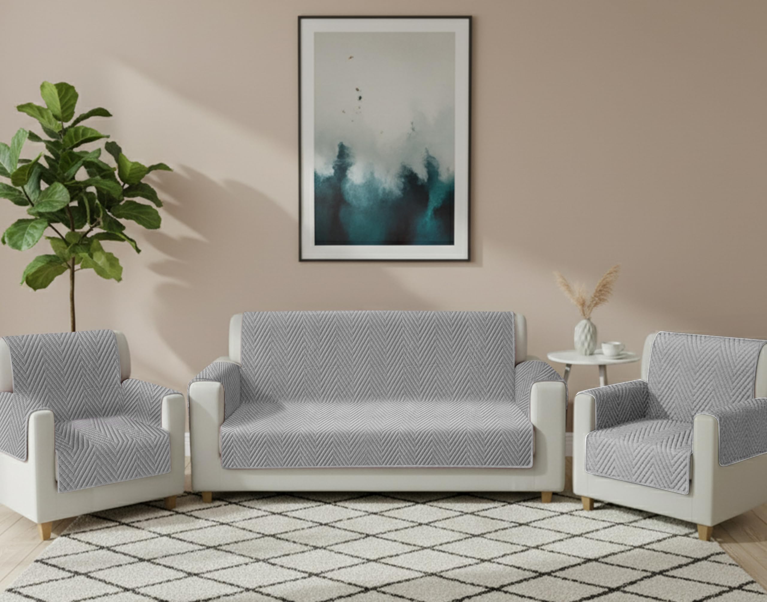 Yellow Weaves 5 Seater Zig-Zag Design Quilted Velvet Sofa Cover Protector, Set of 3 Pieces (3+1+1), Light Grey-image-26