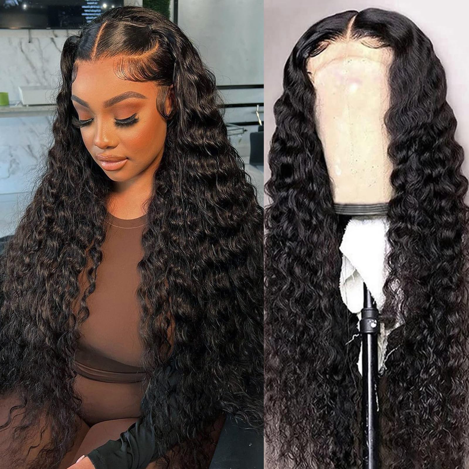 Deep Wave Lace Front Wigs Human Hair 13x4 HD Transparent Lace Frontal Deep Curly Wigs for Women, 180% Density Glueless Wigs Human Hair Pre Plucked with Baby Hair Natural Hairline (22inch)