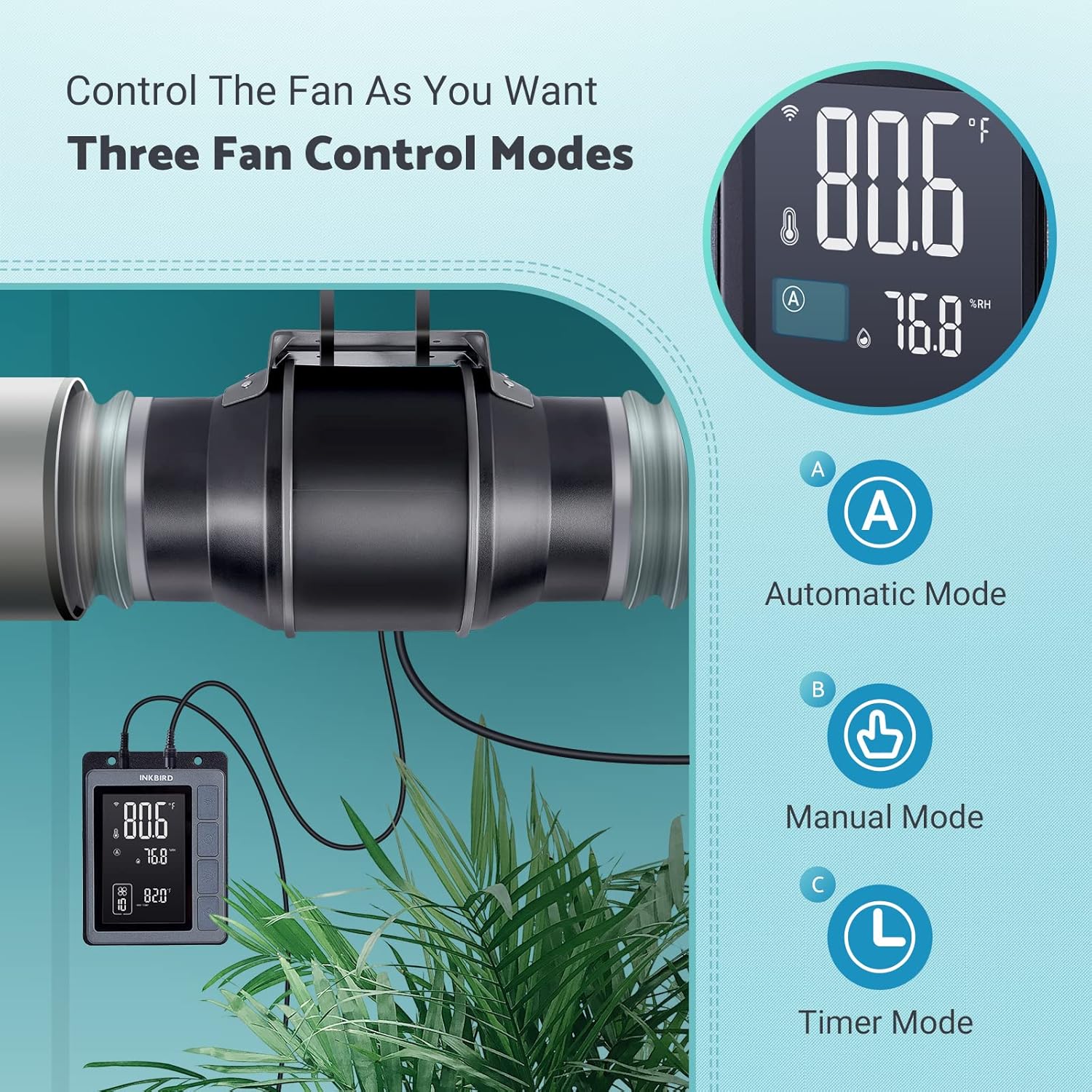 Eksplodirao view of the INKBIRD Inline Duct Fan showing durable ABS housing, strong fan blades, and EC brushless motor