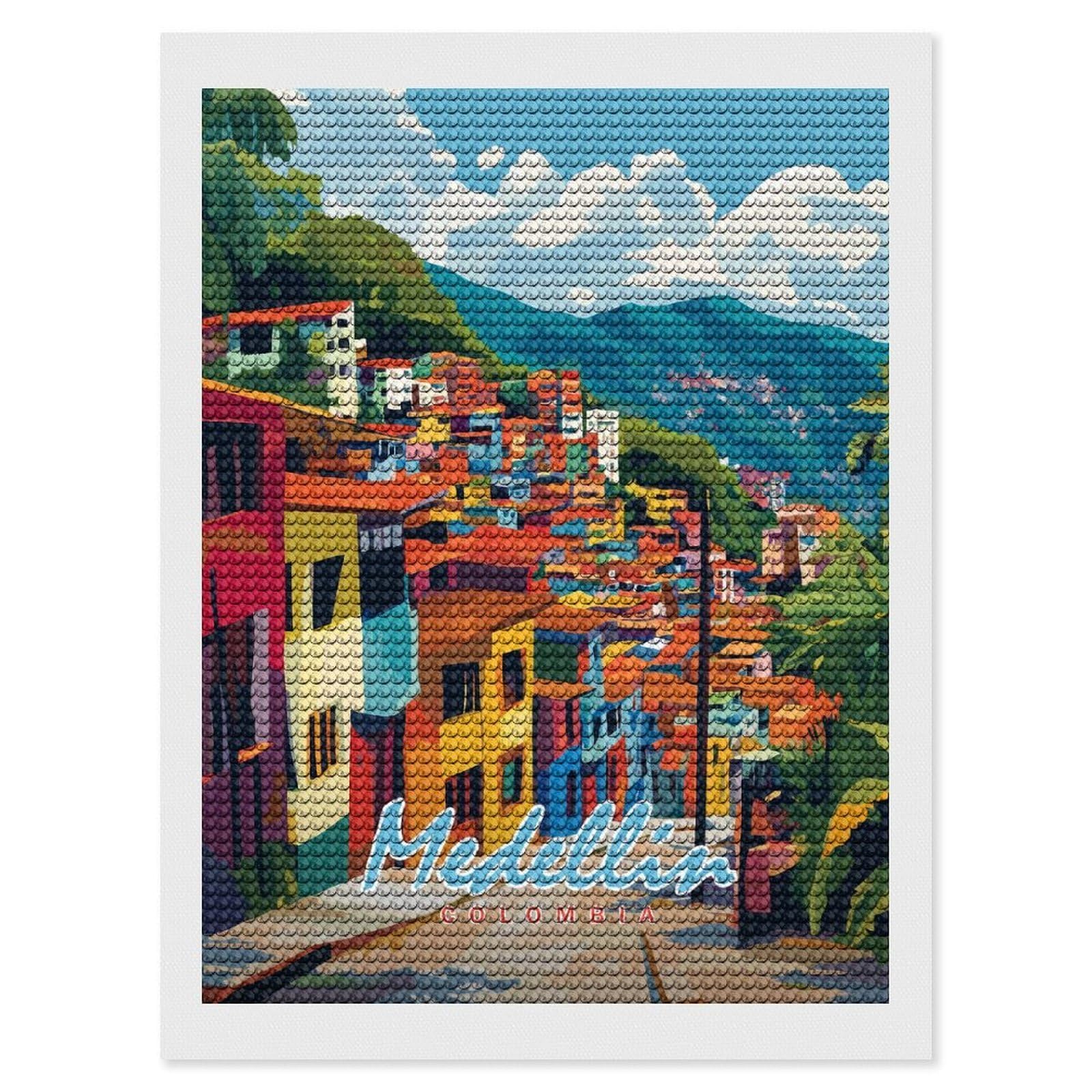 Junmoney Medellin Cityscape(2) Diamond Art Canvas 12"x16", Decorate Your Room, Mindful Craft Activity, Cosy Home Accent, Thoughtful Handmade Gift