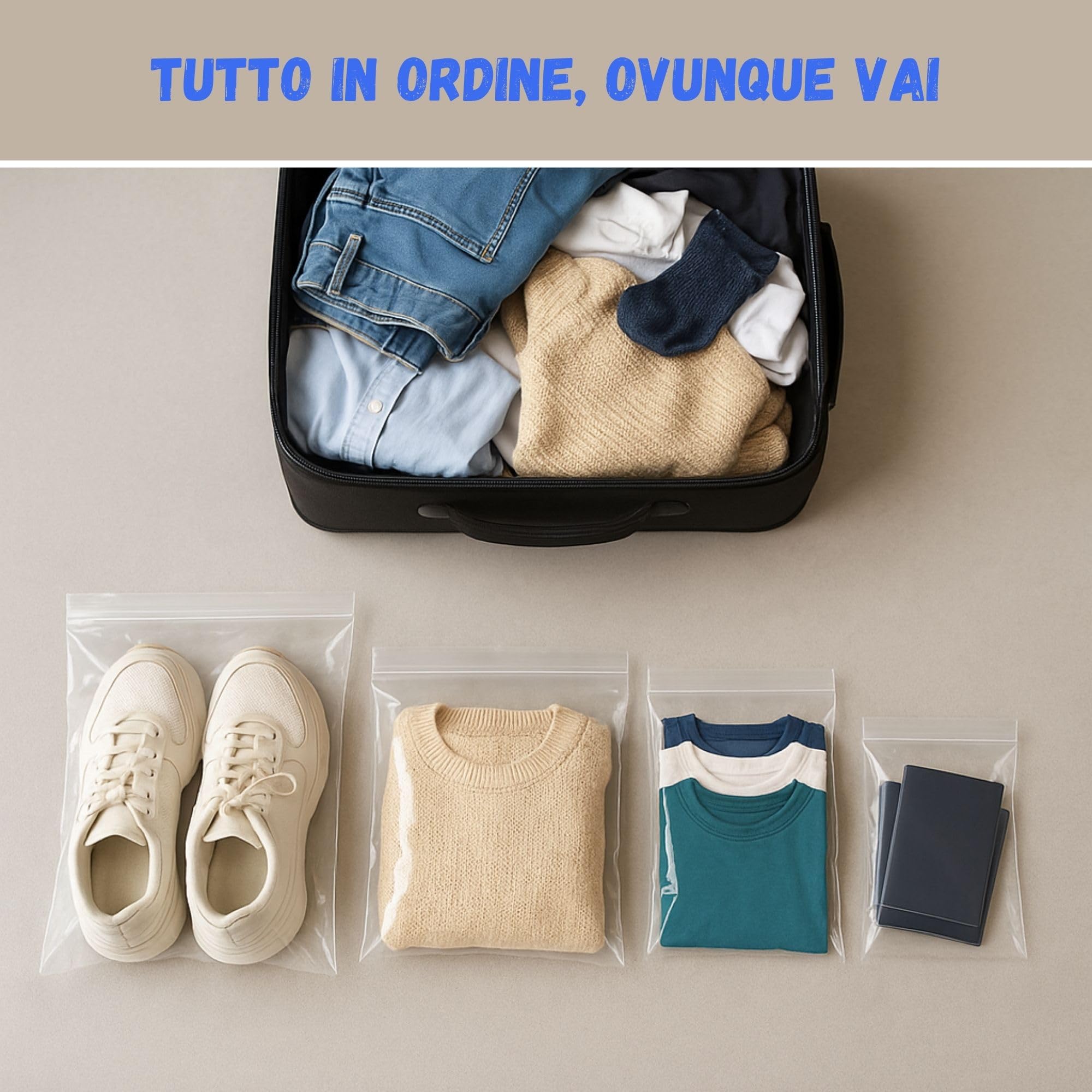 BUY SAFE - Sacchetti Plastica Richiudibili, Sacchetti Ermetici per Alimenti, Vestiti e Oggetti con Chiusura a Cerniera, Buste Trasparenti Richiudibili Resistenti e Riutilizzabili, 30x40-100 Pz