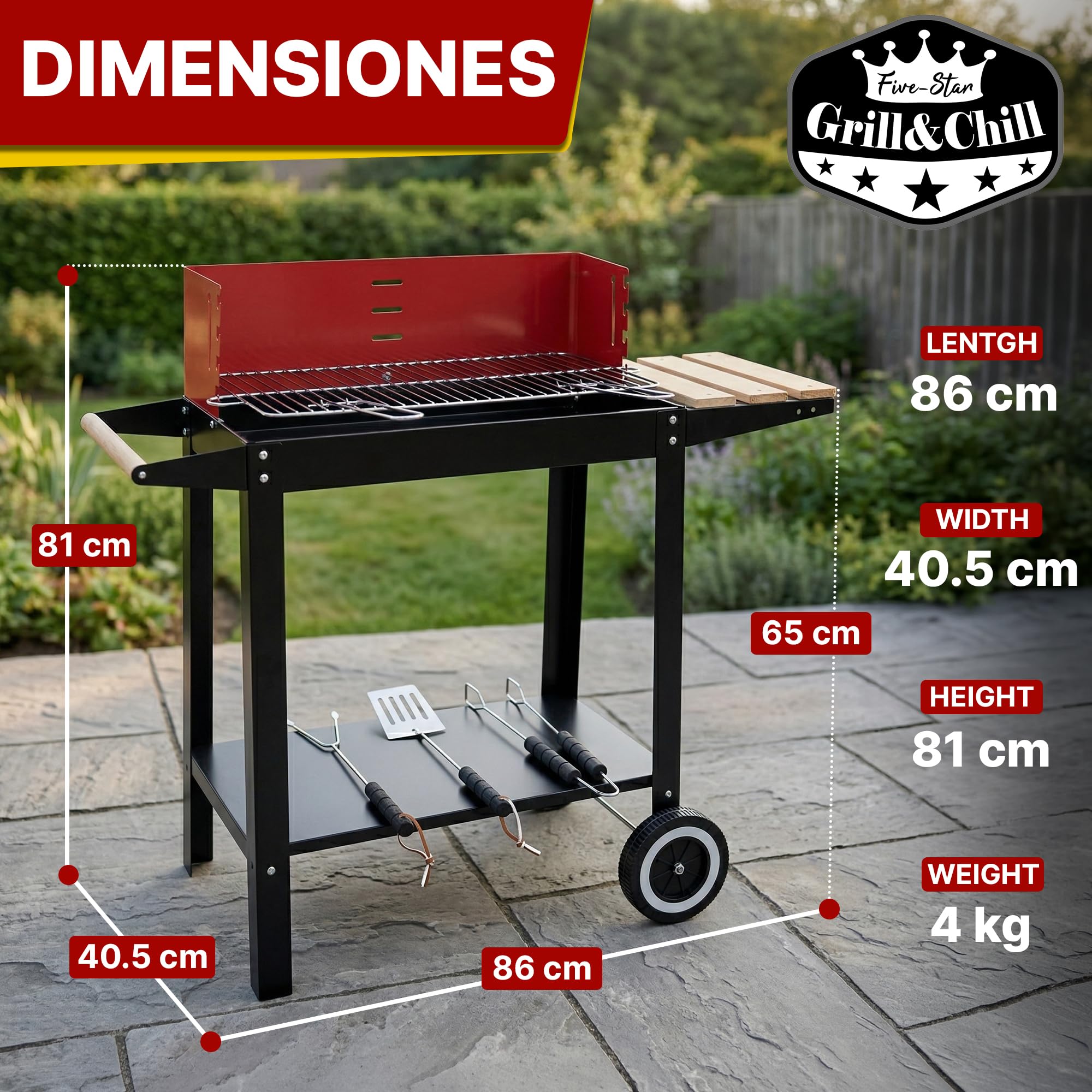 Five-Star Grill&Chill Barbacoa Carbon con Ruedas - para Jardín Exterior BBQ con Soportes Facil Movimiento, Estantes de Madera Plegable para Almacenar Comidas, parrilla cromada 50 × 26,5 cm, GC0010