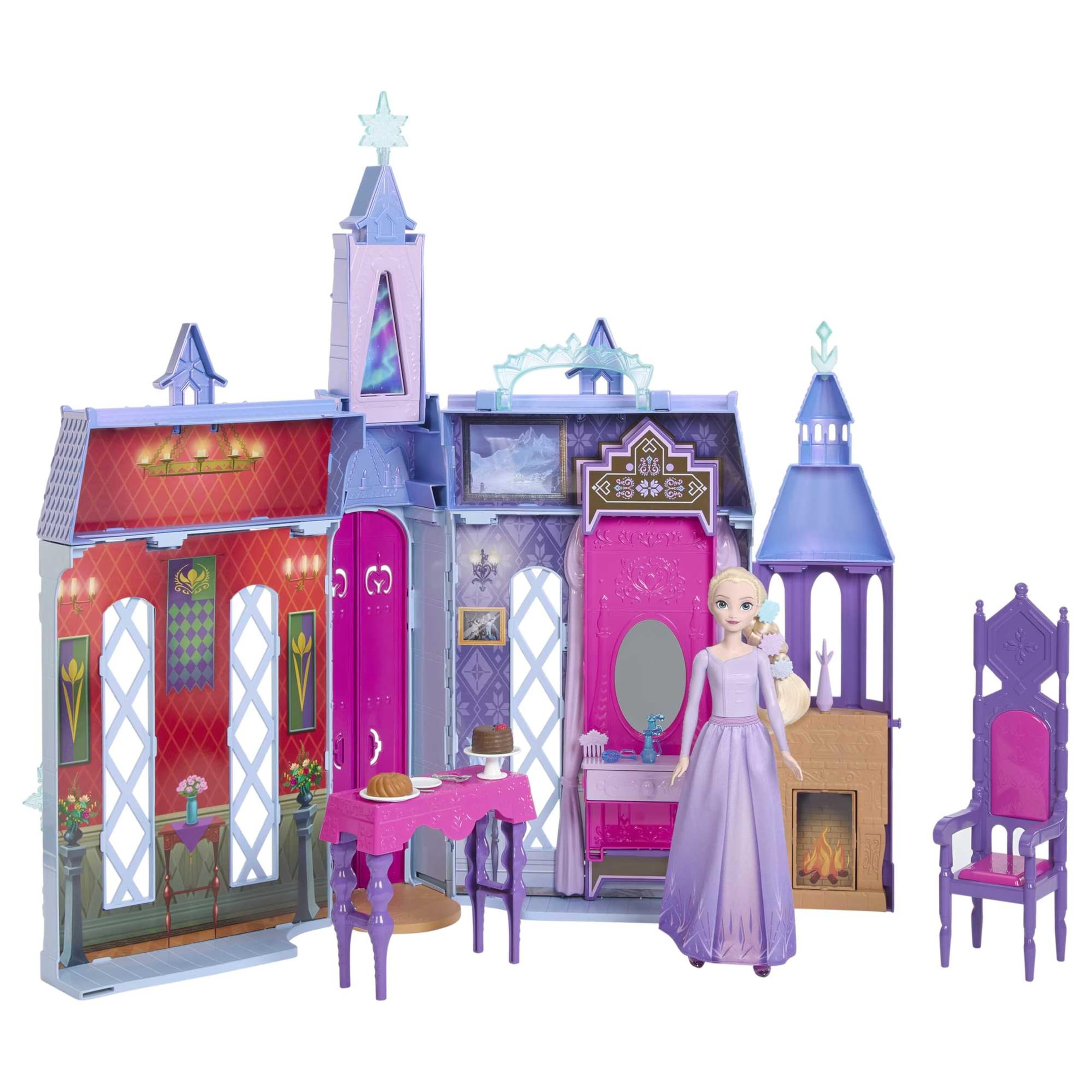 Mattel Disney Die Eiskönigin - Puppenhaus des Schlosses in Arendelle (60 cm+) mit Elsa-Puppe, 4 Spielbereichen und 15 Möbel- und Zubehörteilen aus dem Disney-Film Die Eiskönigin II, HLW61