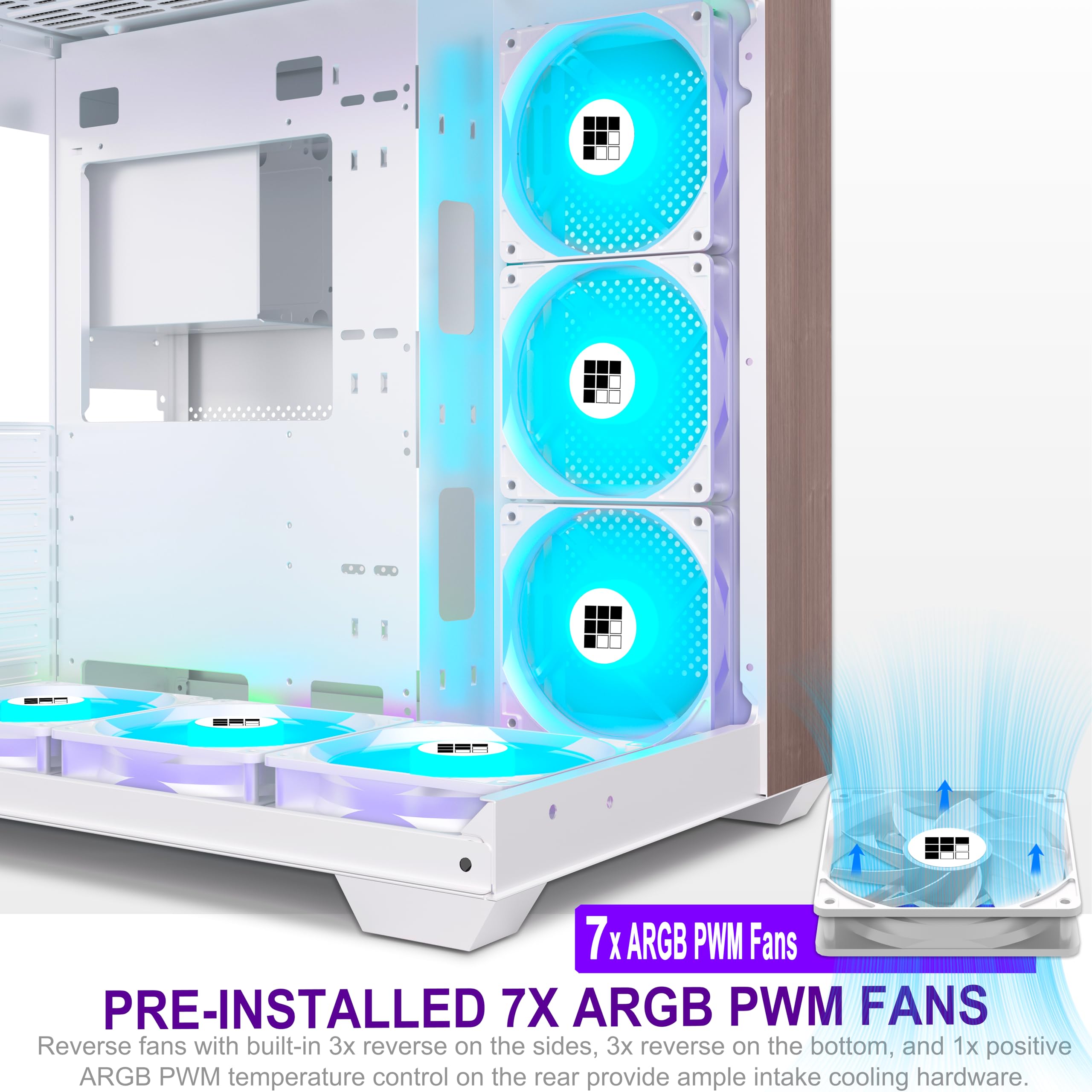 FOIFKIN M9 Case PC - annello frontale in noce,Ventole preinstallate 7 PWM ARGB, alloggiamento ATX Mid-Tower Gaming PC, vetro panoramico a 270° con type C (Bianco, M9)