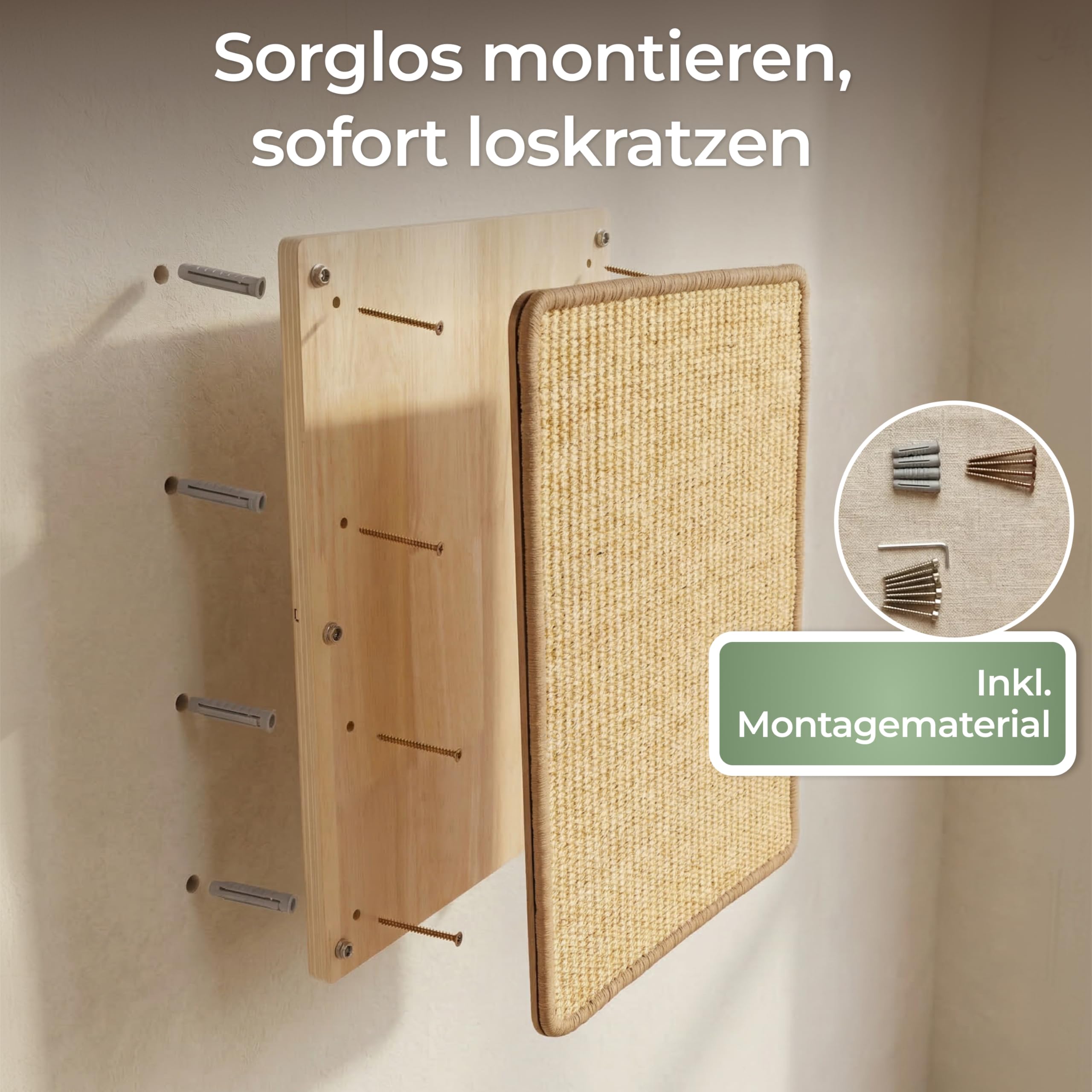 WOOWOOD Rascador para gatos de sisal, 68 cm, madera maciza, suelo o pared | Esterilla resistente para rascar, madera maciza, alternativa, para viviendas de alquiler, cuidado natural de las garras