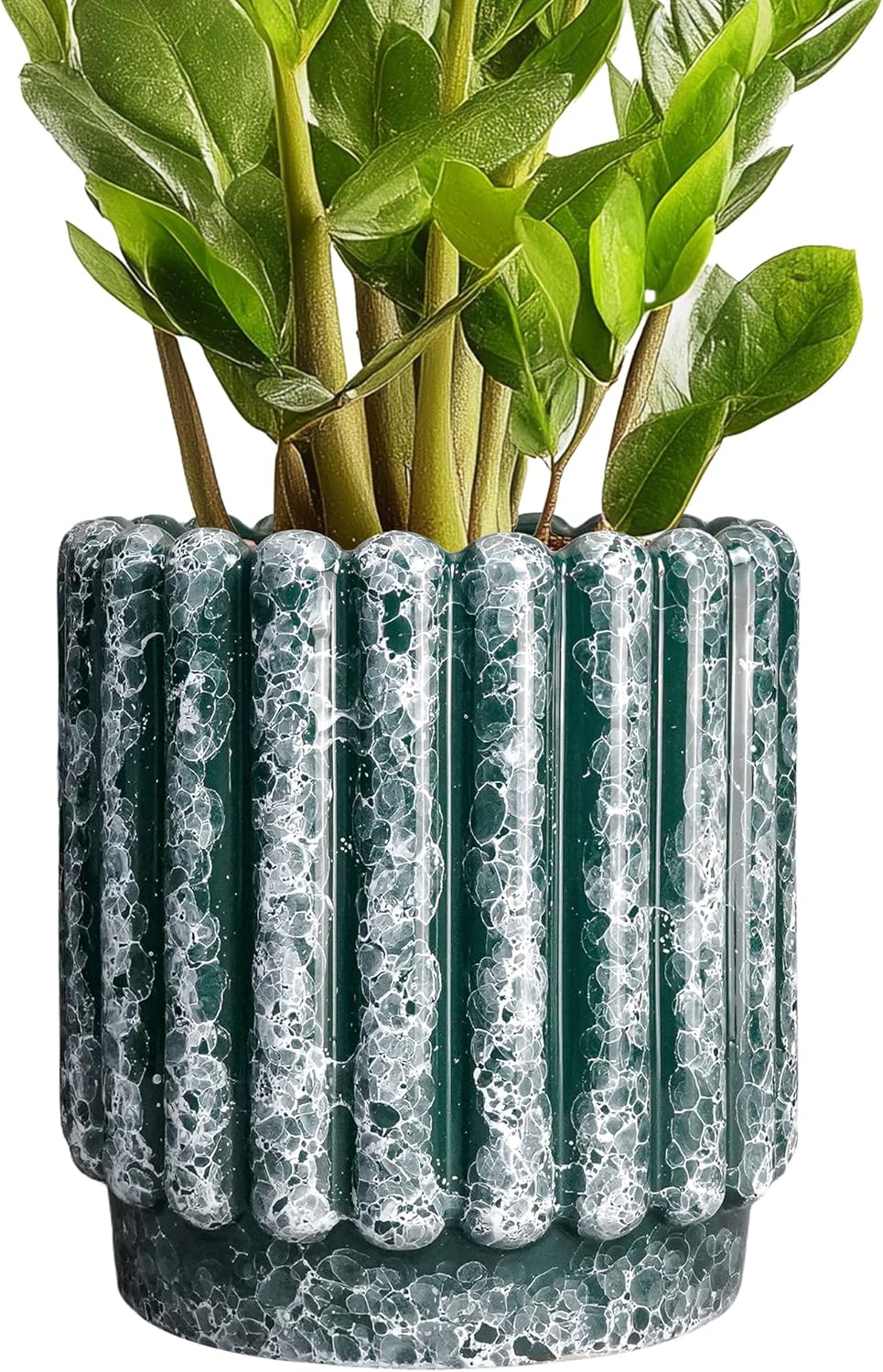 Ceramic Flower Pots 7.6 Inch - Ceramic Planters for Indoor Outdoor Plants, Decorative Plant Pot with Drainage Hole, Round Fluted Planter, Home Room Decor, Housewarming Gifts, Green