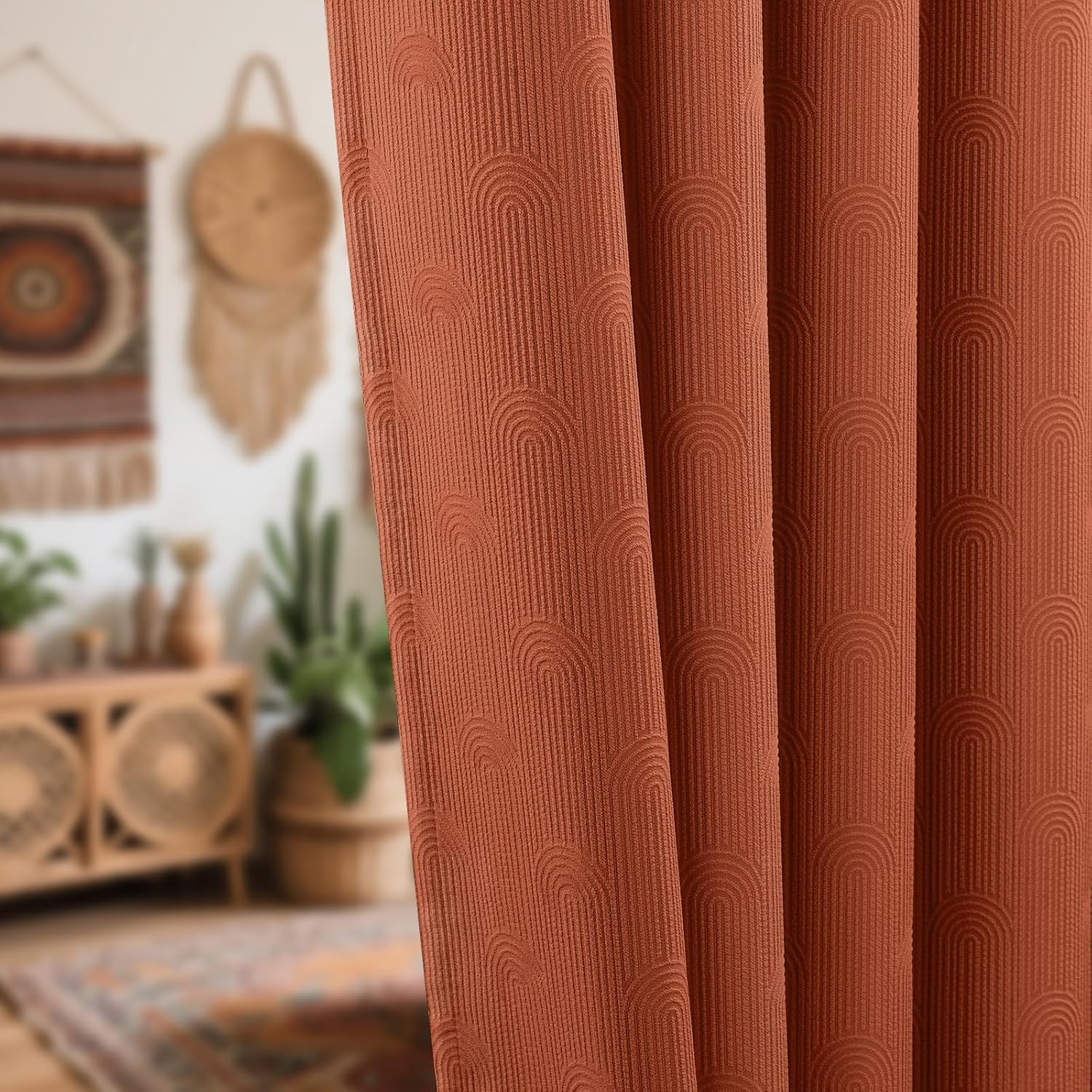 Burnt Orange Boho Blackout Curtains 2 Panels Terracotta Mid Century Modern Patterned Cotton Textured Drapes for Bedroom & Living Room 52W*84L