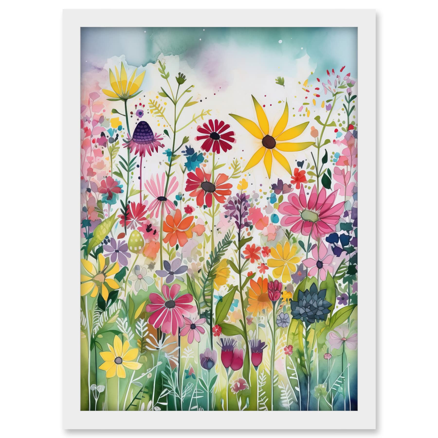 Artery8 Bright Wildflower Floral Blooms Folk Art Artwork Framed A3 Wall Art Print, Framed White A3, 45.5L x 33W cm
