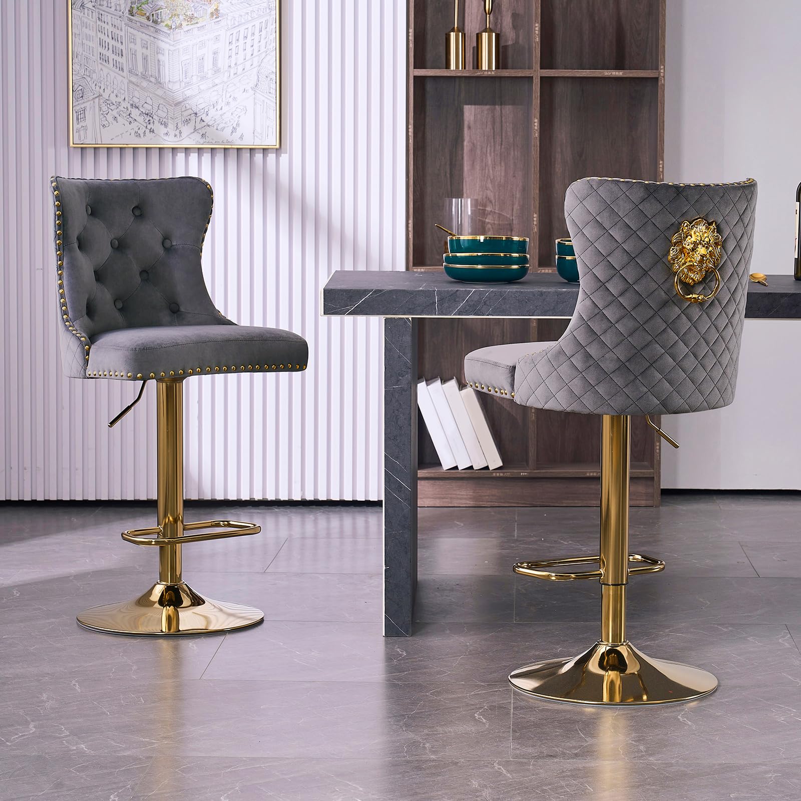 KHISCHMO Set of 2 Luxury Velvet Bar Stools, 360° Swivel Adjustable Counter Height Chairs with Lion Knocker, Gold Metal Base, Upholstered Breakfast Stools for Kitchen Island Bar, Golden Grey — image 1