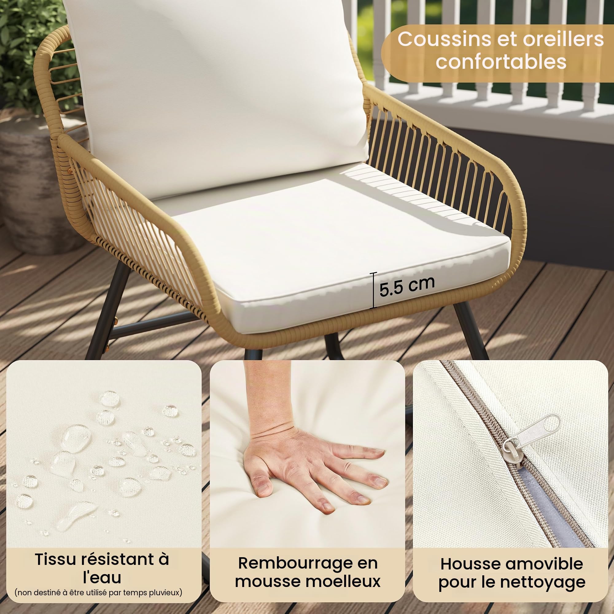 Yaheetch - Ensemble de 3 Meubles de bistrot en polyrotin avec 2 chaises - Petit Balcon, Salon de Jardin, extérieur, Marron Clair et Blanc crème