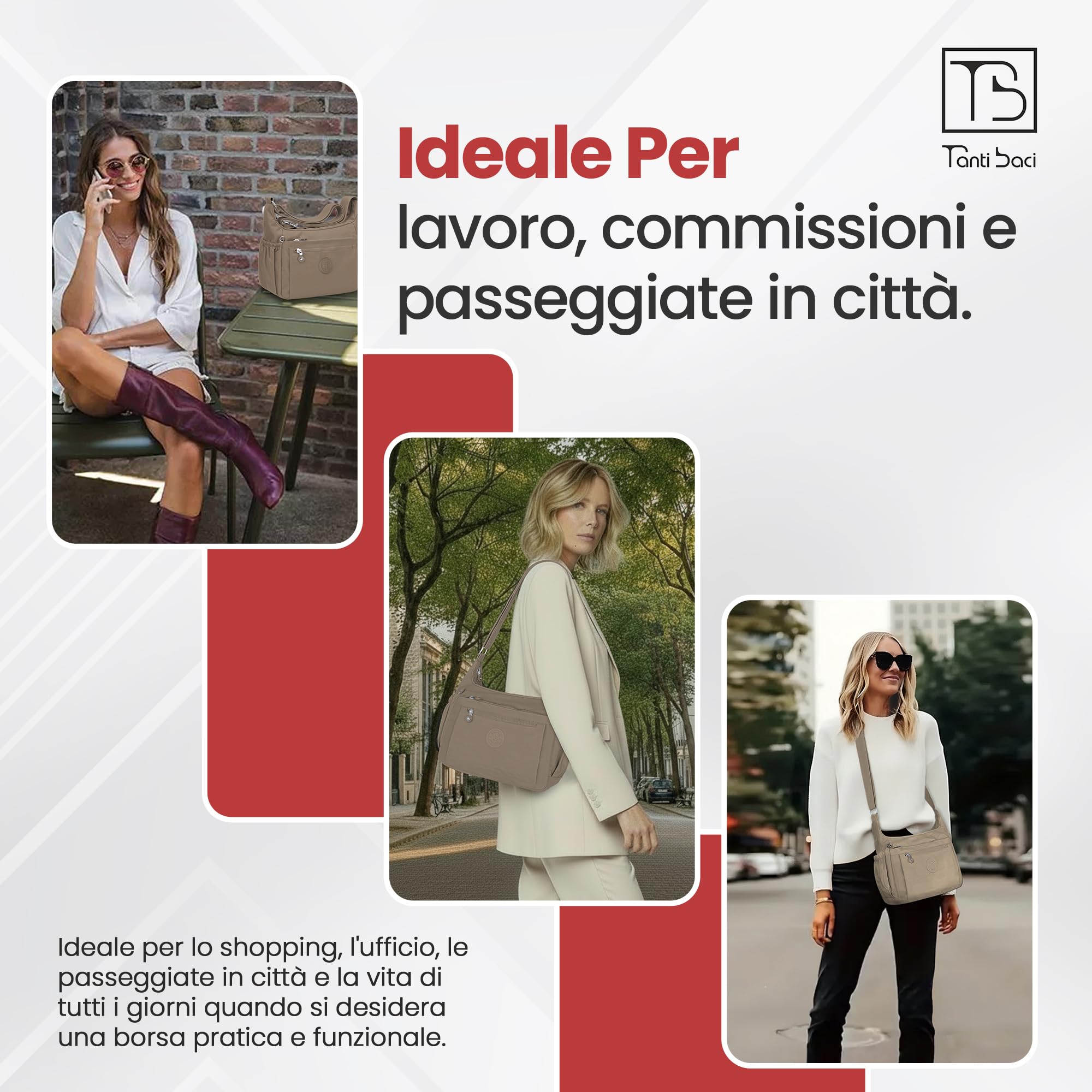 Tanti Baci Borsa a Tracolla Donna Impermeabile, Borsa a Spalla Grande, Multitasche con Tracolla Regolabile e Gancio Portachiavi Interno, Crossbody Leggera per Lavoro, Viaggio e Shopping