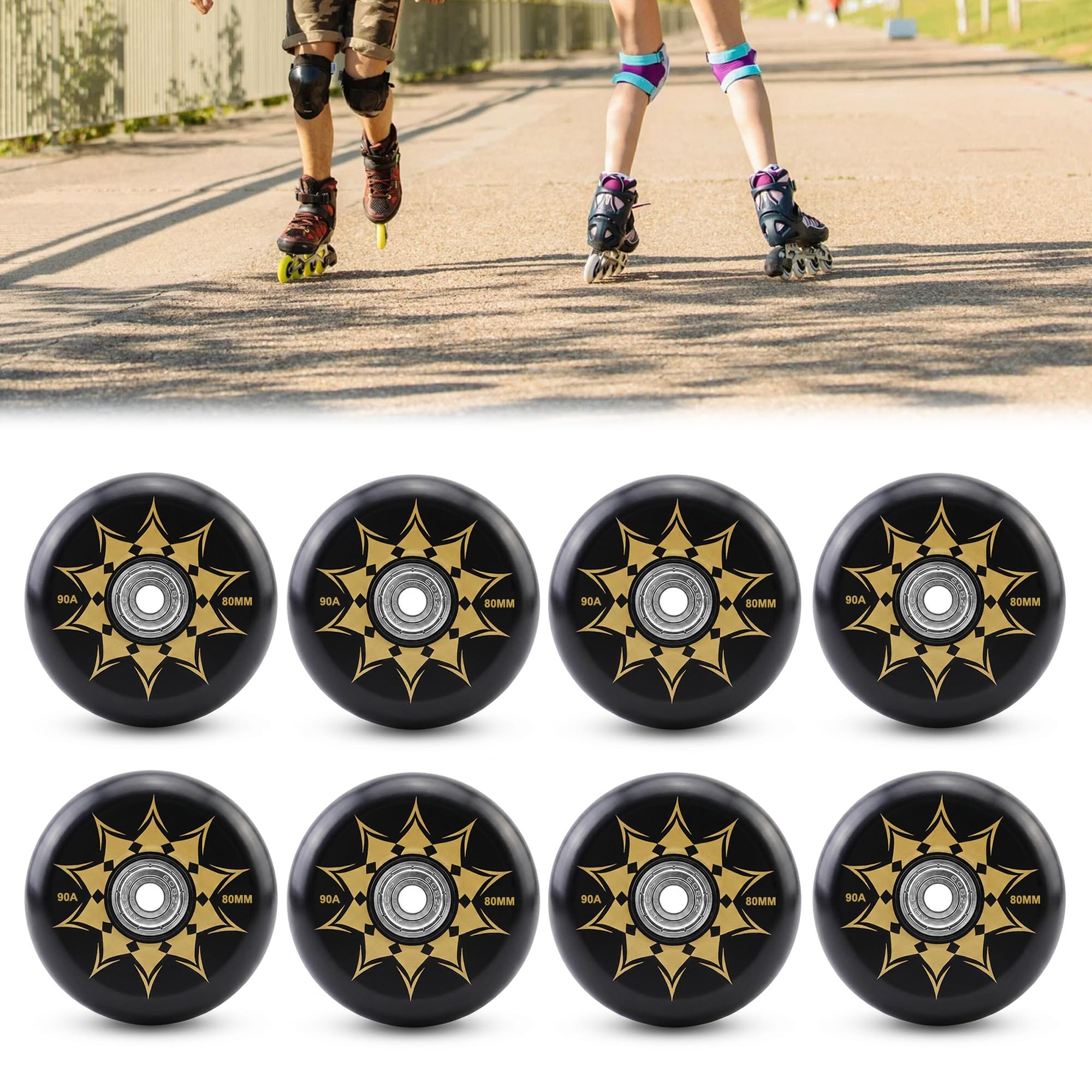 Inliner Rollen 80mm 8-teiliges Set mit ABEC 9 Kugellager, Ersatzrollen für K2 Hudora Apollo Gonex Inlineskates, 82A High Rebound PU Räder für Indoor & Outdoor Training, Schwarz
