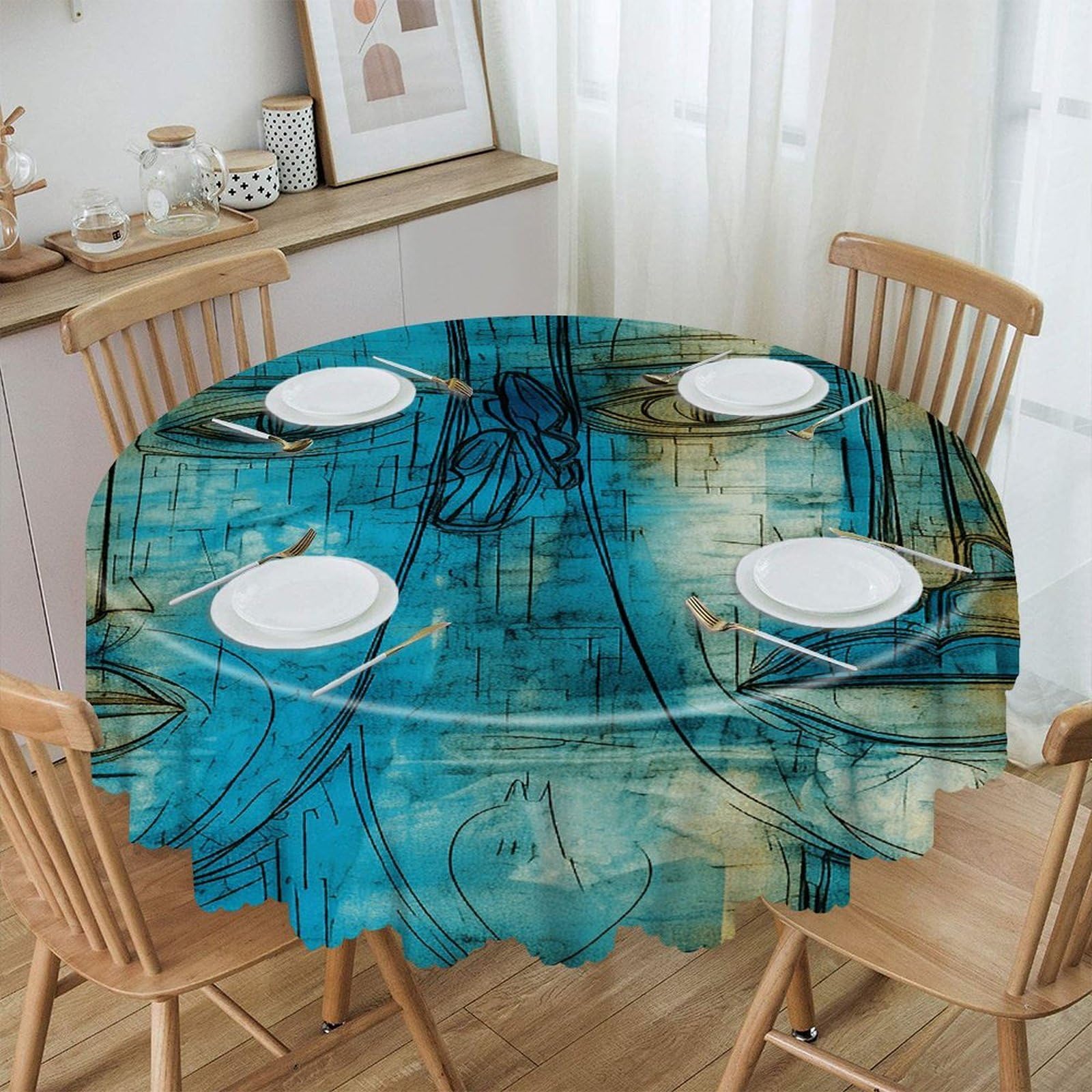Btcowzrv Style Hand Drawn Emoticons Polyester Round Tablecloth 59.84 Inch, Decorative Washable Table Cover, Table Cloth For Restaurant Picnic Indoor And Outdoor Dining