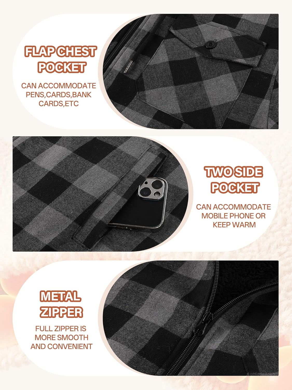 ZITY Mens Cotton Plaid Shirts Jacket Flannel Fleece Lined Hoodies Sherpa Zip Up Hoodie with Pocket - Image 6