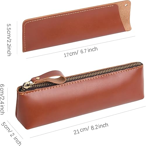 Miniatura 8 de WONDERPOOL Estuche para bolígrafo, 2 unidades, de cuero genuino, soporte para rotuladores de lápiz estilográfica, bolsa de papelería compacta