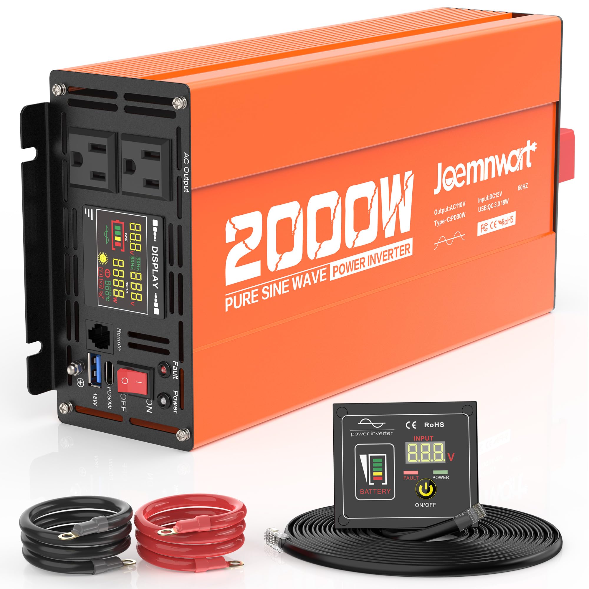 Przetwornica mocy 2000 W Pure Sine Wave Converter 12V DC na 110V AC dla samochodów ciężarowych bez sieci RV z 2 portami USB szybkiego ładowania, podwójnymi gniazdami AC, wyświetlaczem LCD